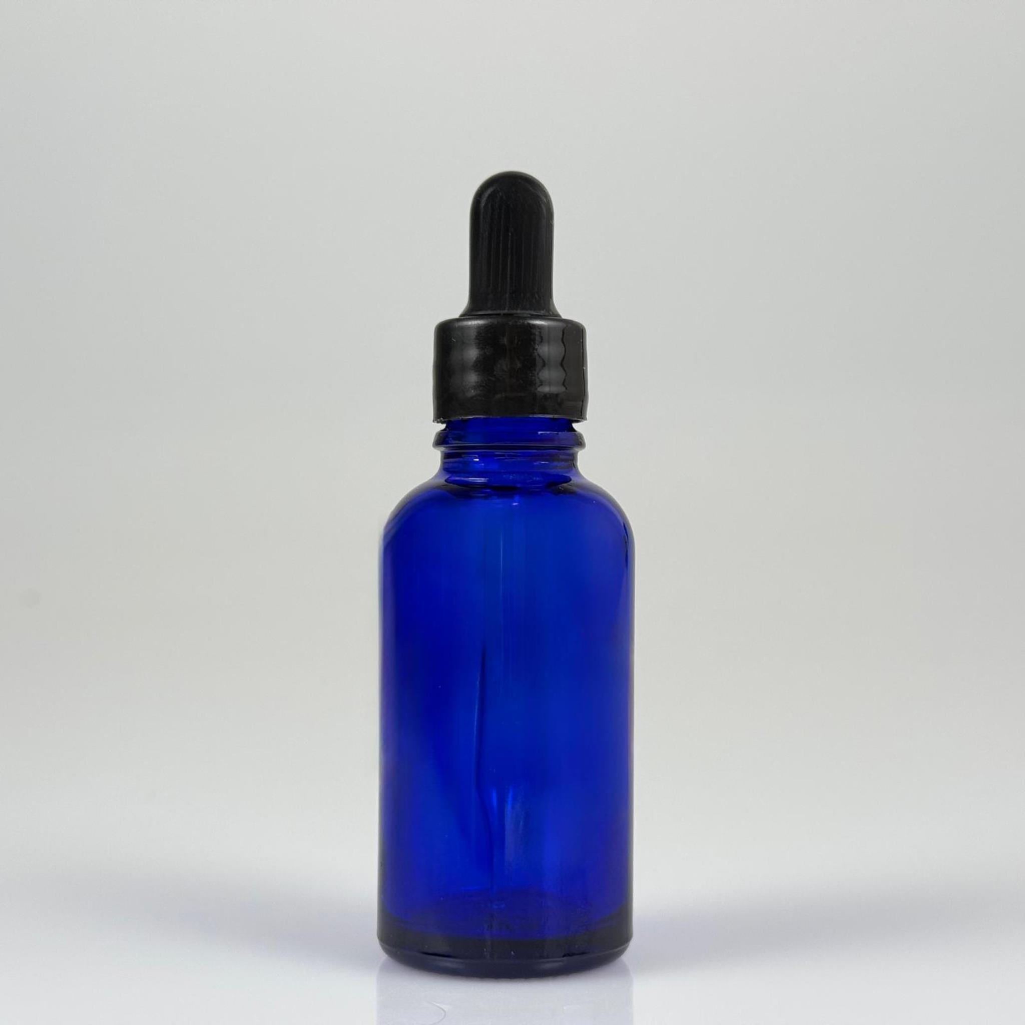 30 CC MAVİ İNCE UÇLU CAM DAMLALIKLI ŞİŞE - SİYAH EMZİK + SİYAH DÜZ KAPAK + CAM PİPET TAKIM - 30 ML MAVİ DAMLALIKLI ŞİŞE SETİ