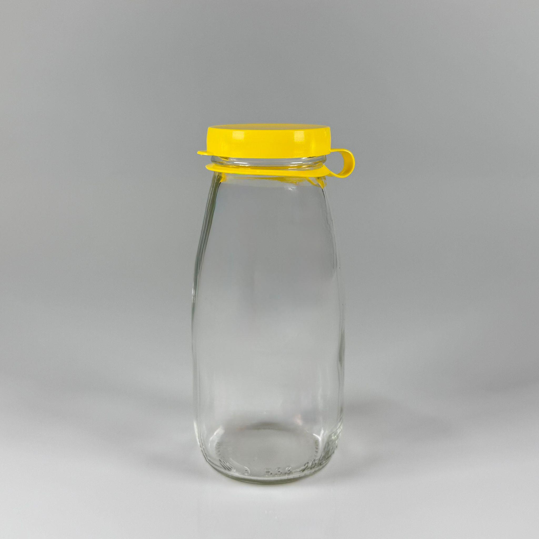 NOSTALJİ ESKİ TİP CAM AYRAN ŞİŞESİ - SÜT, LİMONATA, ŞIRA. ŞERBET. MEYVE SUYU, EV YAPIMI MEŞRUBAT, SMOOTHIE, KOKTEYL VB KAFETERYA, RESTORAN, EV KULLANIMI VB İÇİN - SARI GEÇME KAPAKLI 200 CC TOMBUL BOŞ CAM ŞİŞELERİ