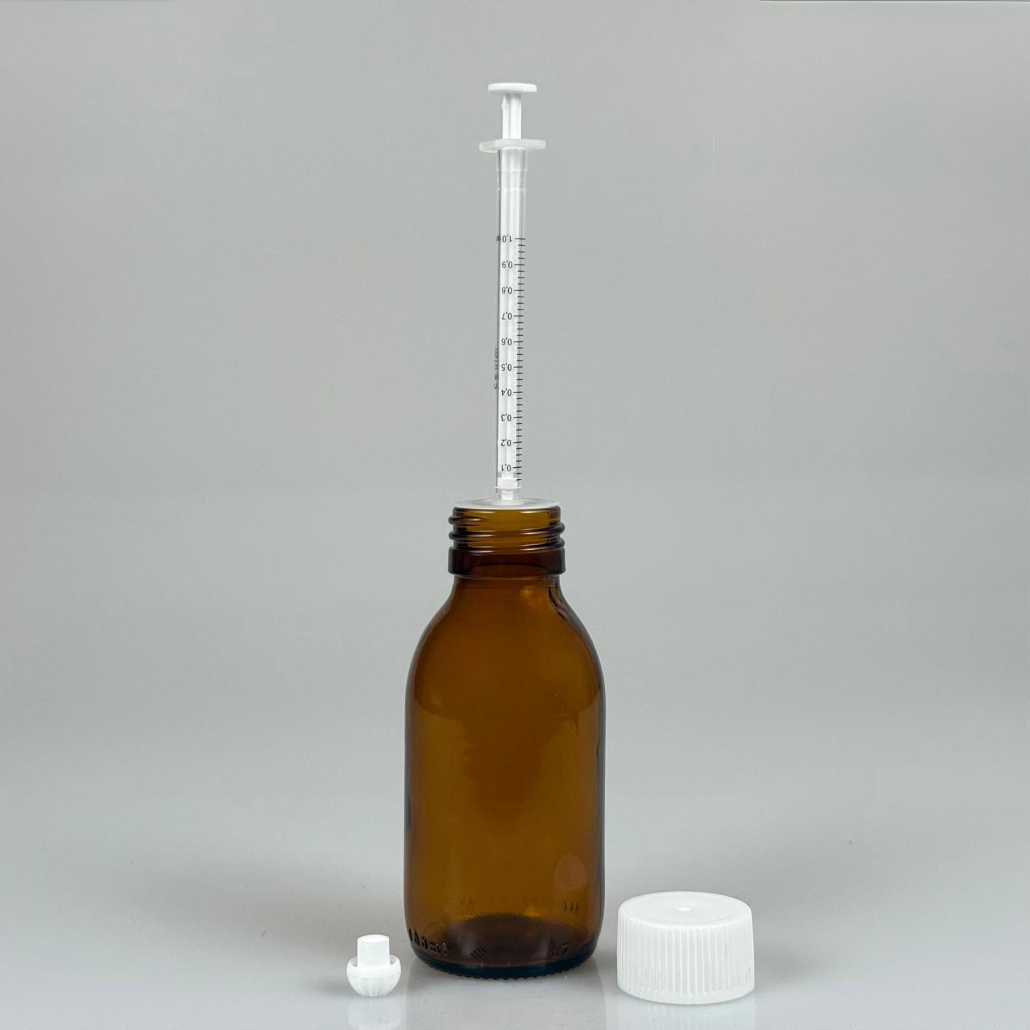 100 ML CAM ECZA ŞİŞESİ + 1 ML DOZAJ PİPETİ + DOZAJ TIPASI + CONTALI PLASTİK KAPAK TAKIM