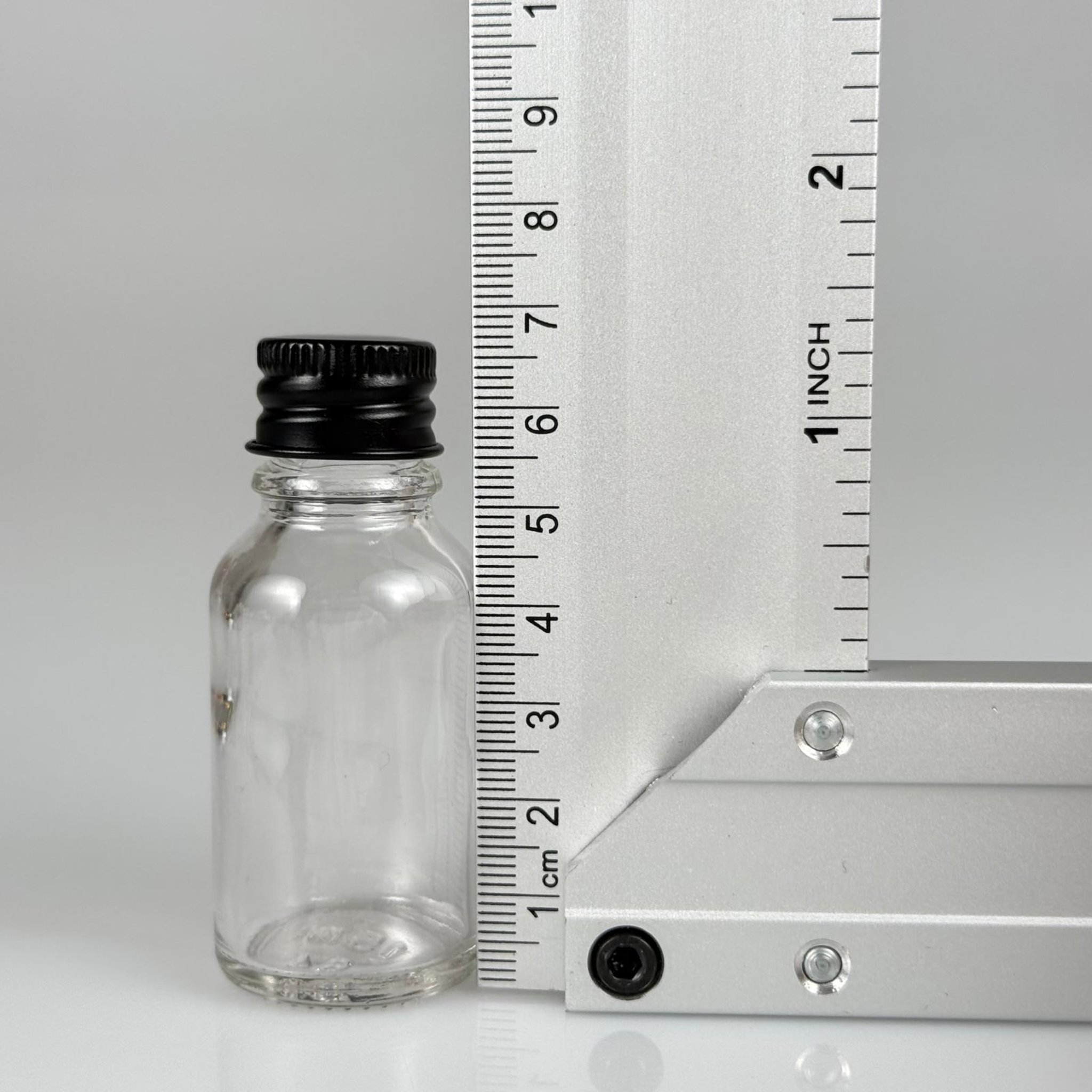 15 CC ŞEFFAF CAM ŞİŞE + KÖPÜK CONTALI SİYAH ALÜMİNYUM METAL KAPAKLI + DAMLALIKLI KOLONYA TIPALI TAKIM - 15 ML ŞEFFAF CAM ŞİŞE