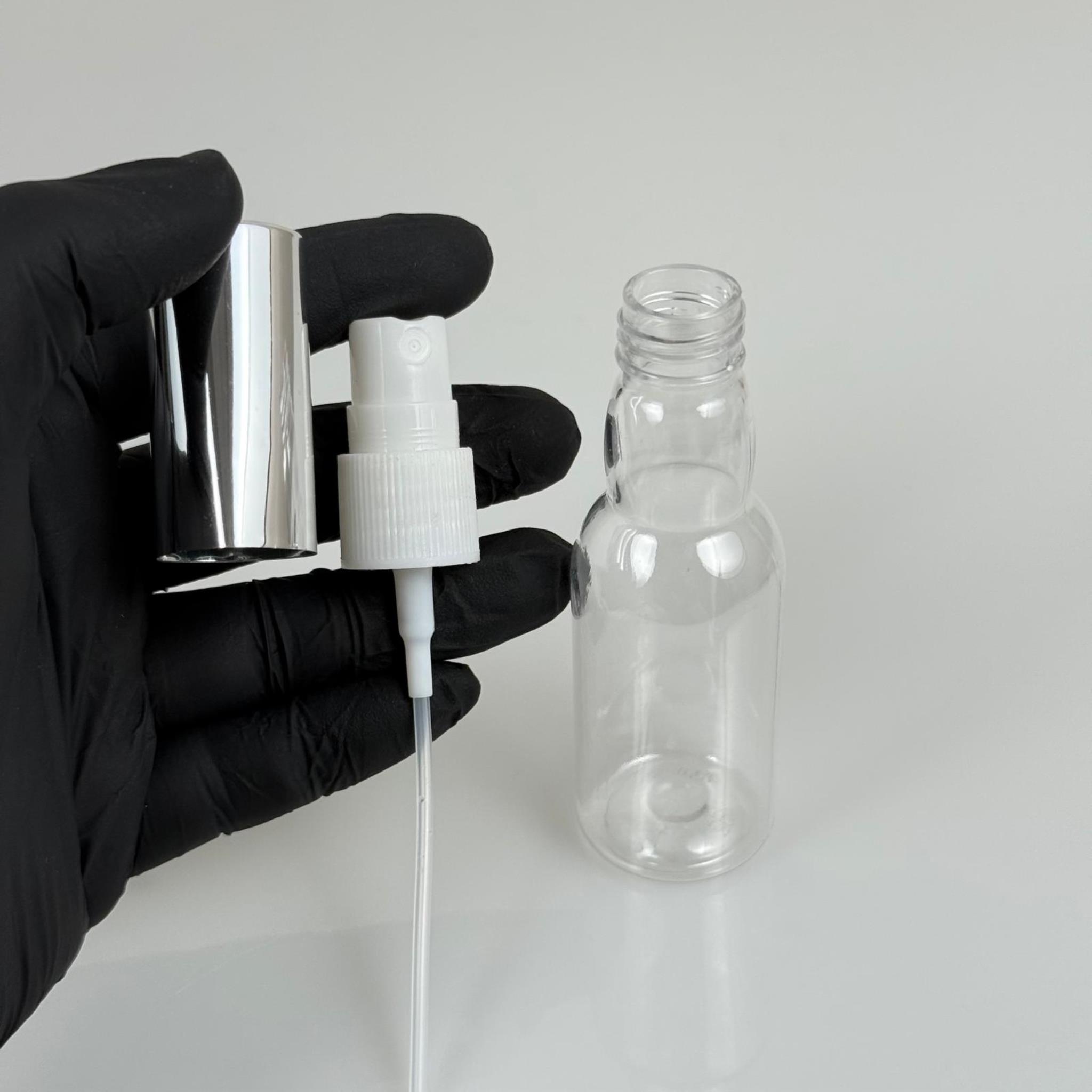 40 ML PET KOLONYA, PARFÜM VB ŞİŞELERİ - METAL ALÜMİNYUM GÜMÜŞ KAPAK + VİDALI SPREY + 40 CC BOĞAZLI ŞİŞE SET TAKIM