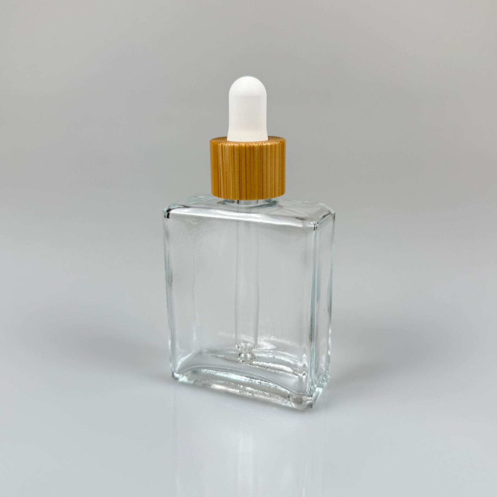 40 CC YASSI DİKDÖRTGEN KÖŞELİ KISA PRESTİJLİ CAM DAMLALIKLI ŞİŞE - BEYAZ EMZİK - AHŞAP BAMBU KAPAK - 40 ML CAM DAMLALIKLI ŞİŞE - DAMLALIKLI BOŞ ŞİŞE