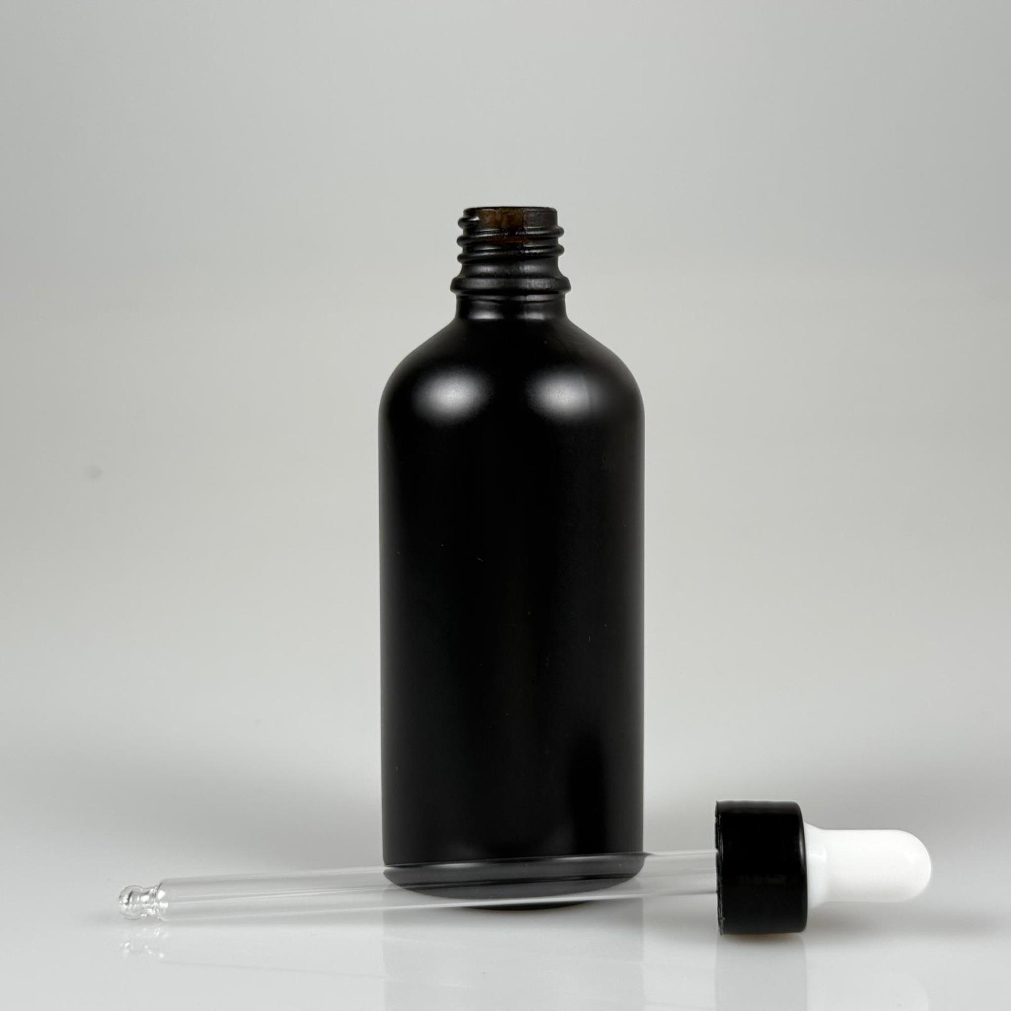 100 CC MAT SİYAH CAM DAMLALIKLI ŞİŞE - BEYAZ EMZİK + SİYAH DÜZ KAPAK + CAM PİPET TAKIM - 100 ML MAT SİYAH DAMLALIKLI ŞİŞE SETİ
