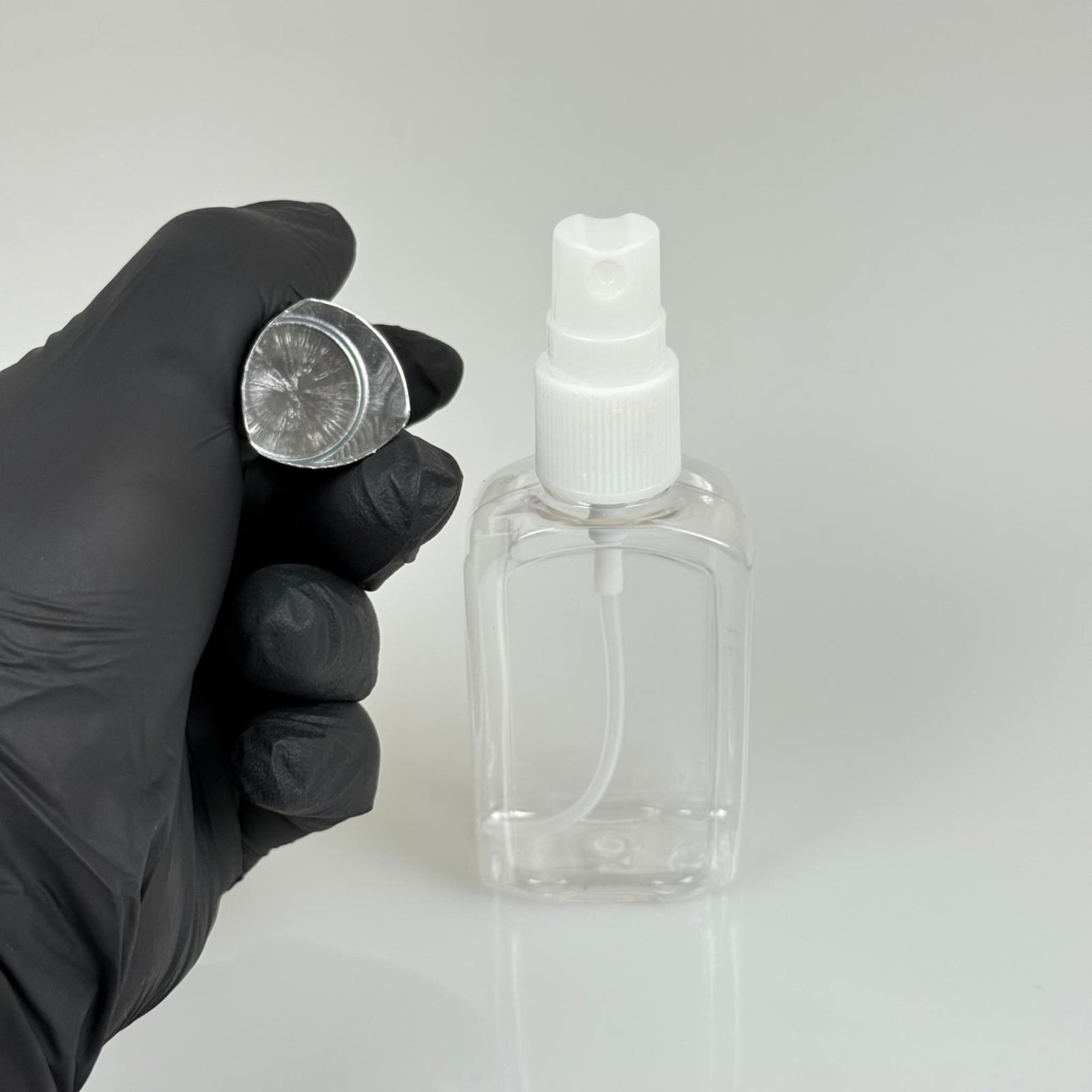 50 ML PET KOLONYA, PARFÜM VB ŞİŞELERİ - METAL ALÜMİNYUM GÜMÜŞ KAPAK + VİDALI SPREY + 50 CC KÖŞELİ YASSI ŞİŞE SET TAKIM