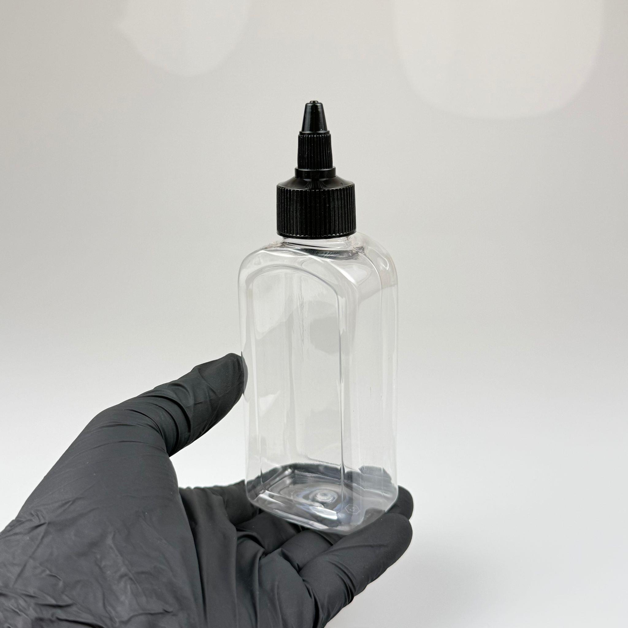 YAĞ, SOS, ACI SOS, SİRKE, SRIRACHA, MÜREKKEP, TUTKAL AKITICI VB BOŞ ŞİŞELERİ - SİYAH SİVRİ TWİST AKITICI KAPAK + 140 ML YASSI KÖŞELİ SERT PET PLASTİK ŞİŞE TAKIM