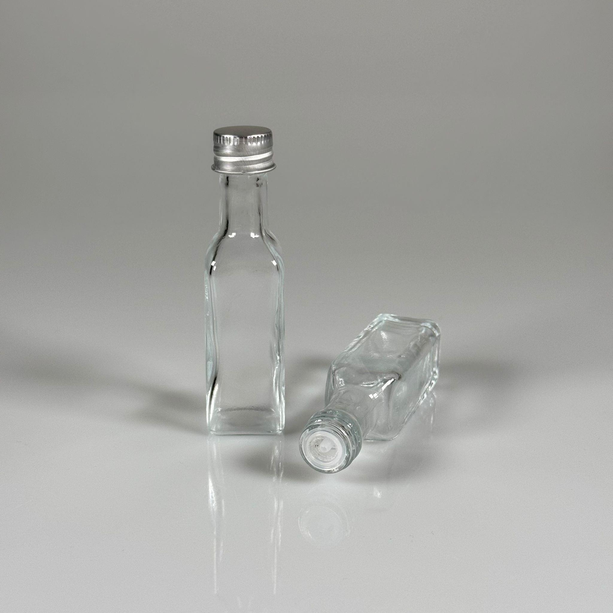 20 CC MARASKA KÖŞELİ KARE CAM ŞİŞE - CONTALI METAL ALÜMİNYUM GÜMÜŞ KAPAKLI + KOLONYA TIPALI - 20 ML KAPAKLI CAM ŞİŞE (SİLME 23 ML ALIR)