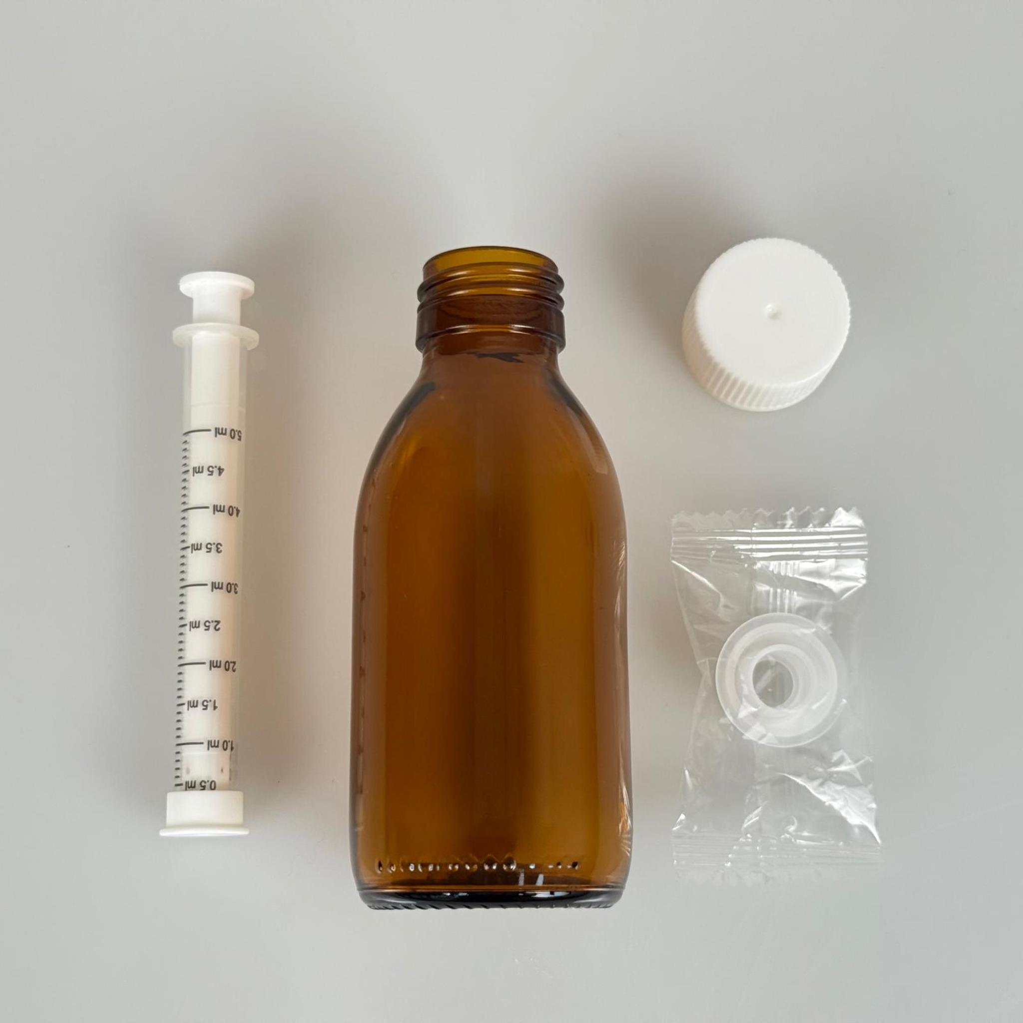 125 ML CAM ECZA ŞİŞESİ + 5 ML DOZAJ PİPETİ + DOZAJ TIPASI + CONTALI PLASTİK KAPAK TAKIM
