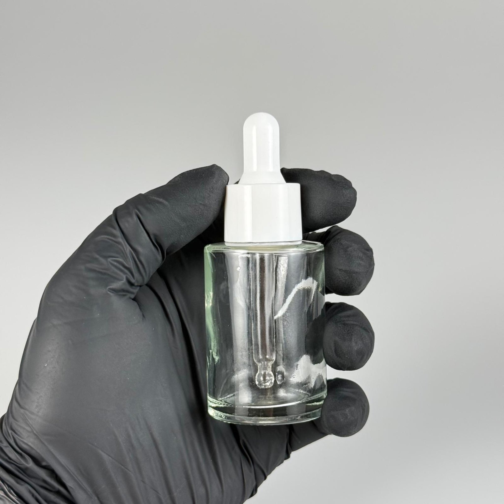 30 CC OMUZLU ŞEFFAF CAM ŞİŞE + BEYAZ CAM DAMLALIKLI TAKIM - 30 ML KÜT BOYUNLU CAM SERUM ŞİŞESİ