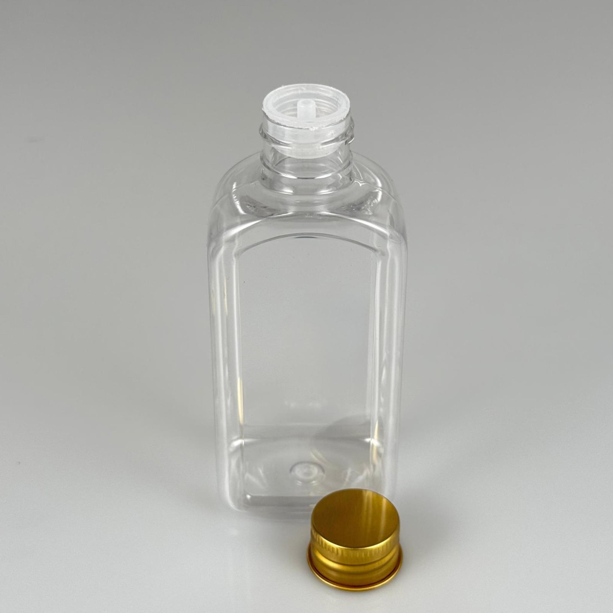 140 CC YASSI KÖŞELİ MODEL ŞEFFAF PET ŞİŞE (24 AĞIZ) + KÖPÜK CONTALI GOLD METAL ALÜMİNYUM KAPAK + KOLONYA TIPALI TAKIM - 140 ML KAPAKLI PLASTİK ŞİŞELER