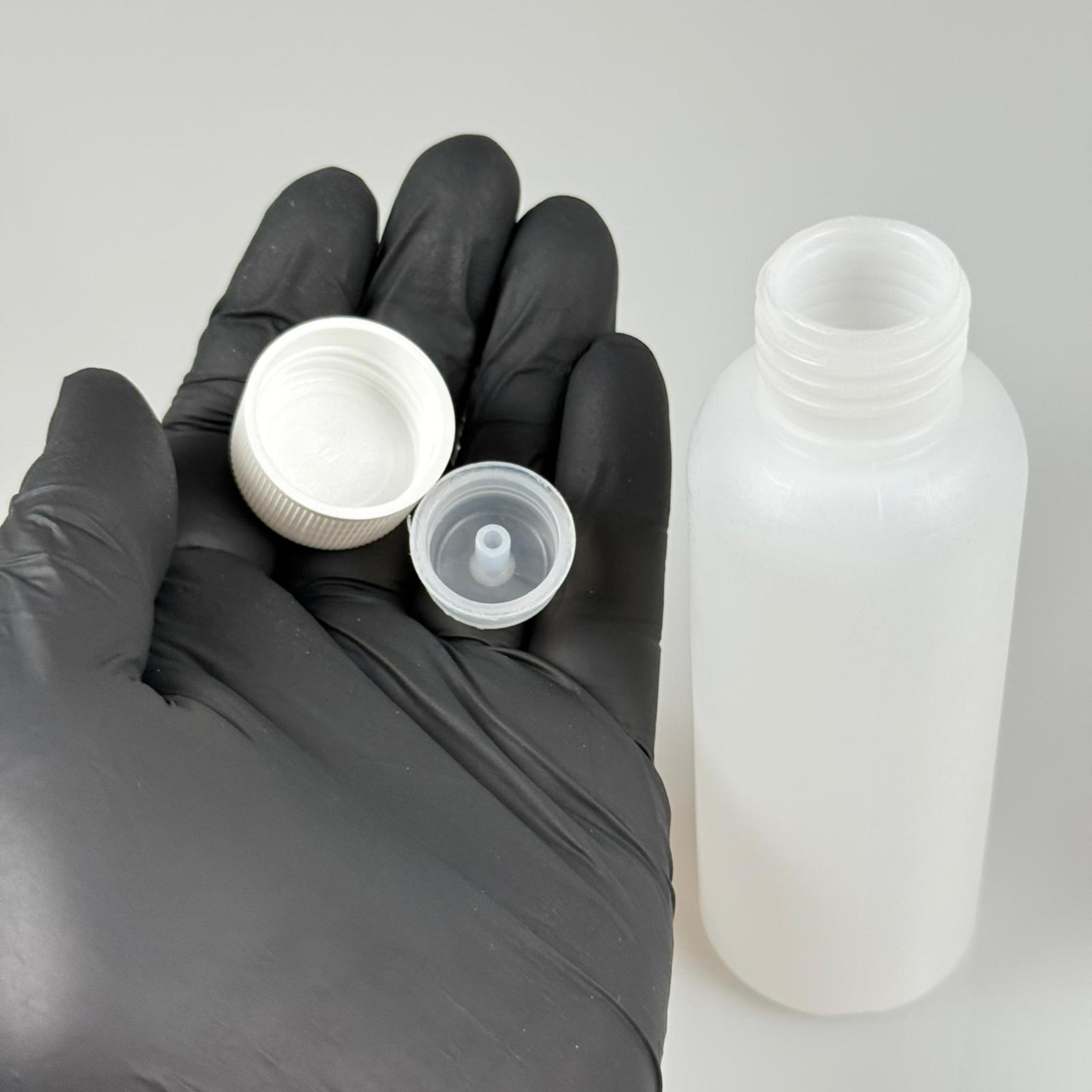 100 CC NATÜREL SERT POLİETİLEN ŞİŞE + BEYAZ PLASTİK KAPAKLI ( 24 MM ) + PLASTİK TIPALI - 100 ML SERT POLİETİLEN ASETON ŞİŞESİ