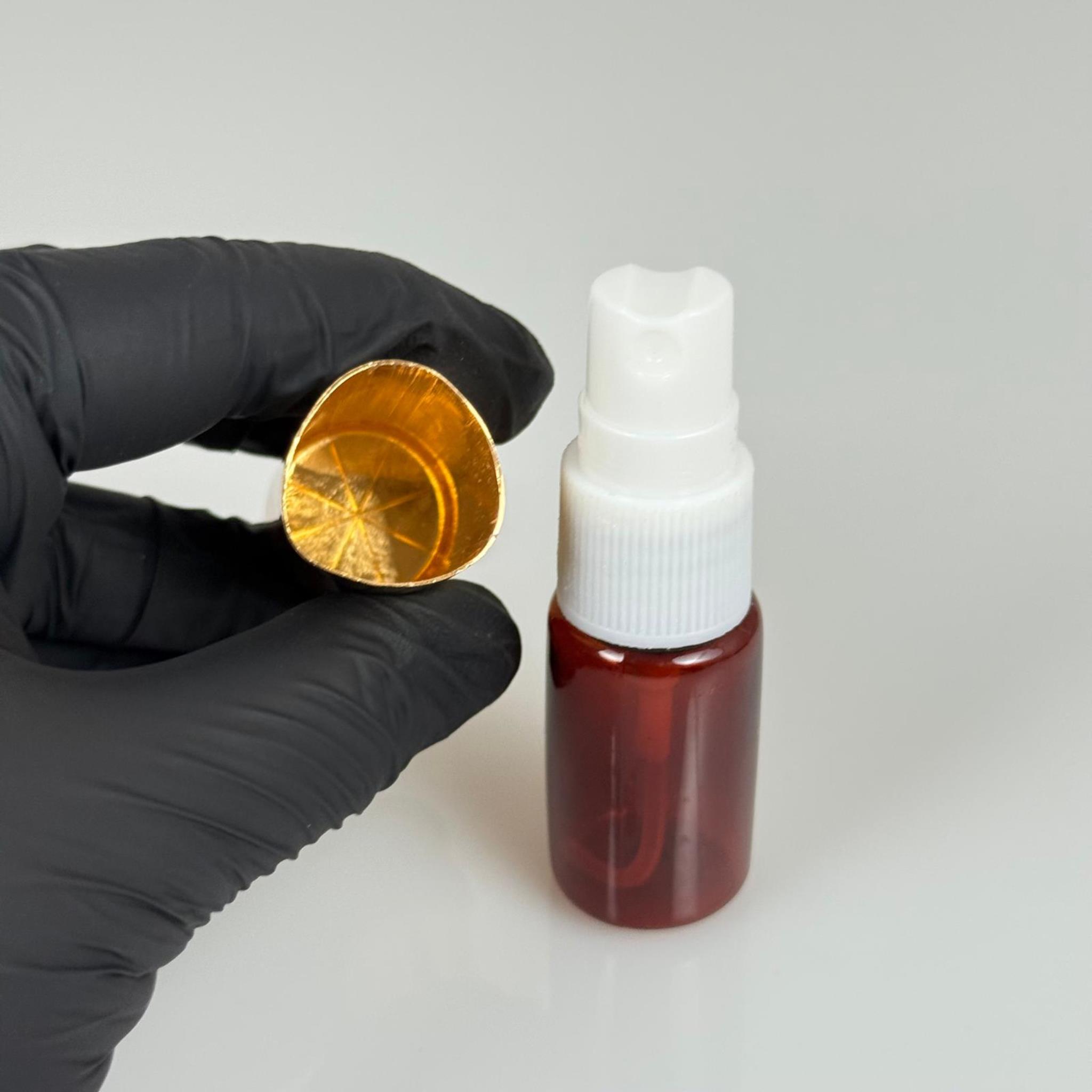 10 ML PET KOLONYA, PARFÜM VB ŞİŞELERİ - METAL ALÜMİNYUM GOLD KAPAK + VİDALI SPREY + 10 CC AMBER SHOT ŞİŞE SET TAKIM