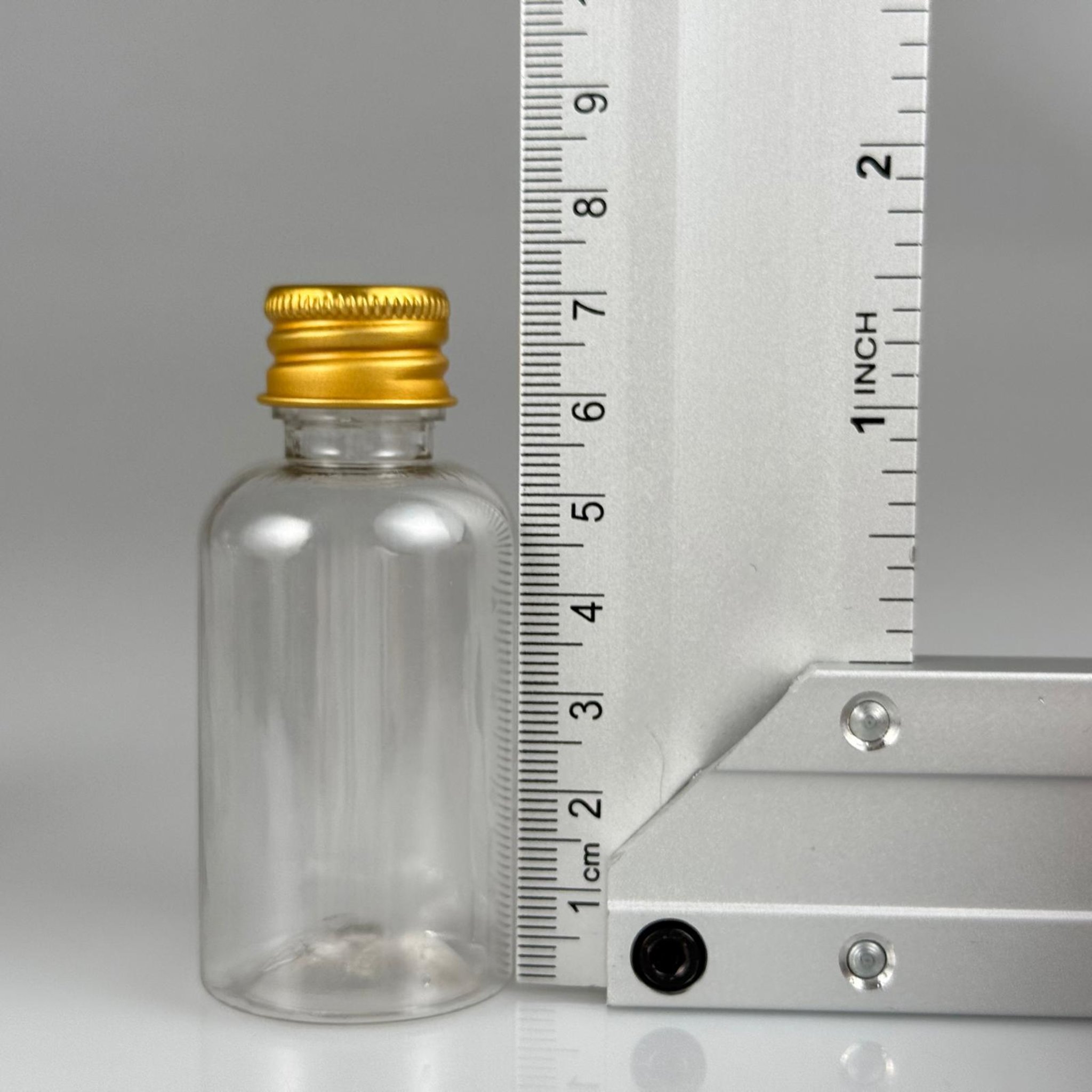40 CC ŞEFFAF SİLİNDİR TOMBUL PET ŞİŞE + KÖPÜK CONTALI GOLD ALÜMİNYUM METAL KAPAKLI + KÖR TIPALI TAKIM - 40 ML PLASTİK ŞİŞE
