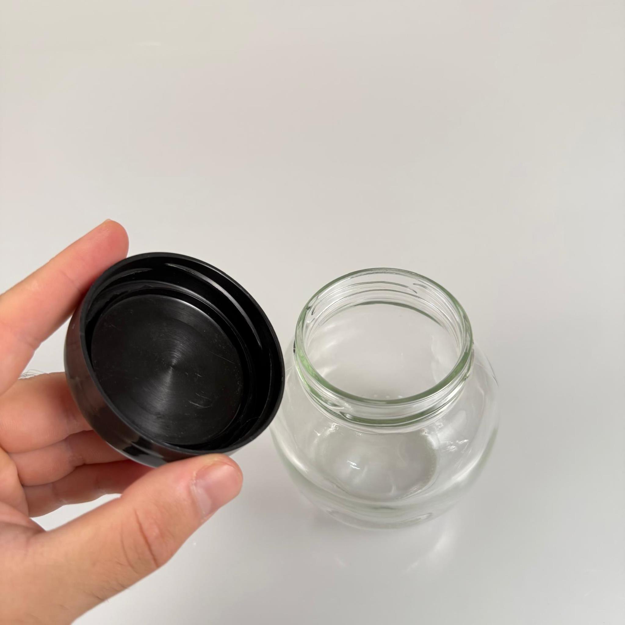 370 CC YUMURTA CAM KAVANOZ + SİYAH PLASTİK KAPAK - 370 ML PLASTİK KAPAKLI CAM KAVANOZ