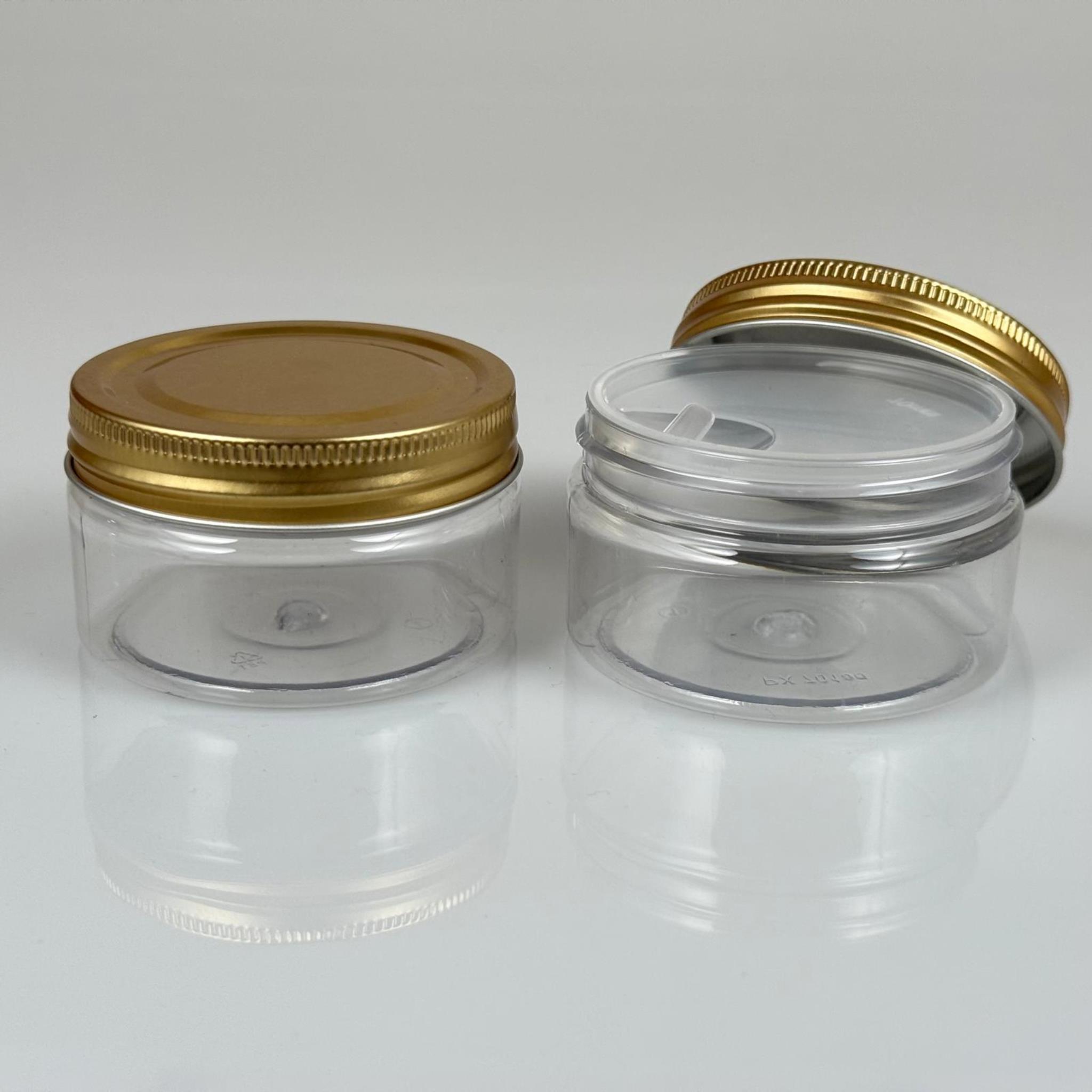 100 ML SERT PET KAVANOZ + GOLD METAL KAPAK + İÇ TIPA - 100 CC KALIN ŞEFFAF PLASTİK KAVANOZ GOLD METAL KAPAKLI İÇ TIPALI TAKIM - KREM KAVANOZLARI