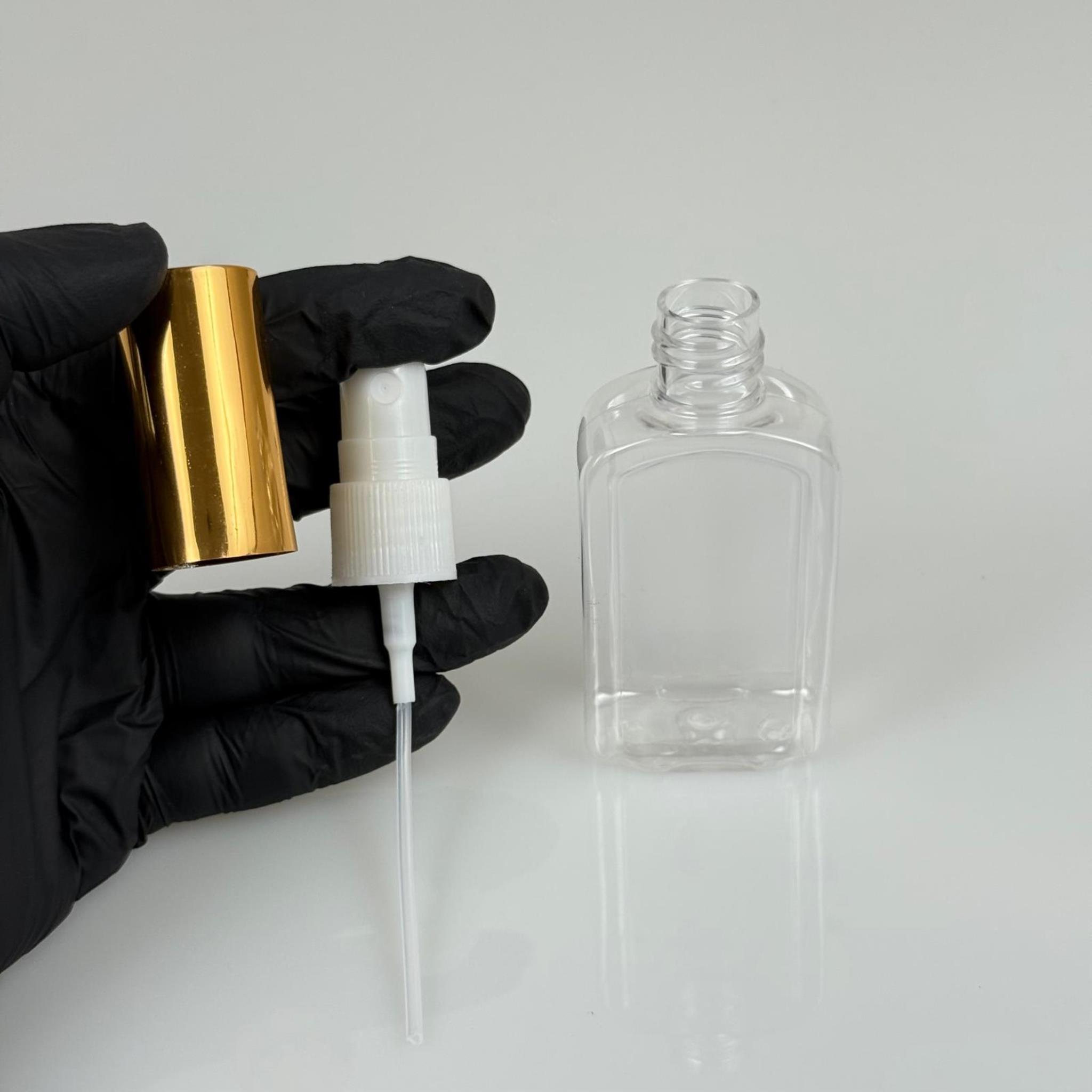 50 ML PET KOLONYA, PARFÜM VB ŞİŞELERİ - METAL ALÜMİNYUM GOLD KAPAK + VİDALI SPREY + 50 CC KÖŞELİ YASSI ŞİŞE SET TAKIM