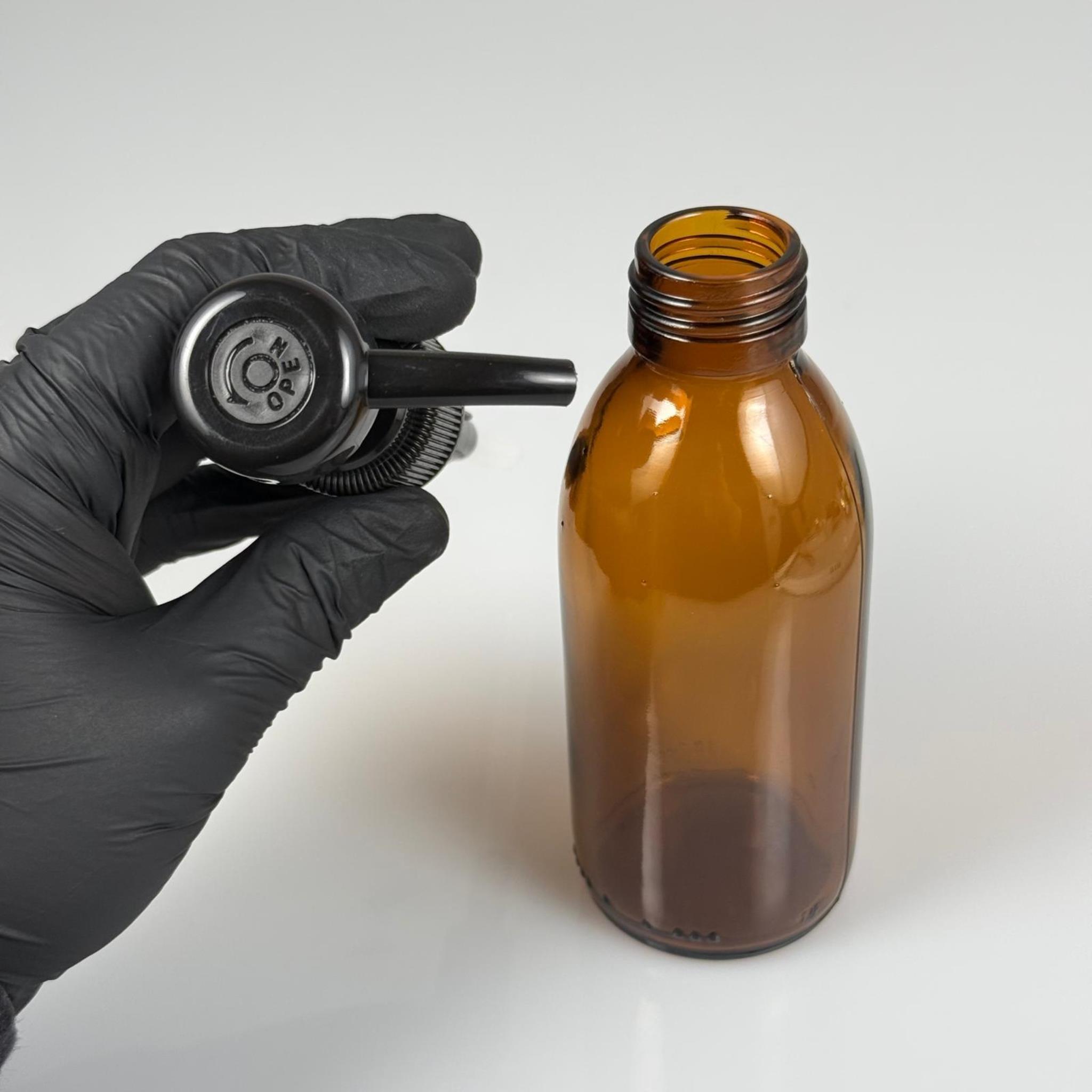 160 CC AMBER CAM ŞİŞE  - SİYAH ŞAMPUAN DOZAJ POMPALI TAKIM - 160 ML CAM SIVI LOSYON, YAĞ ŞİŞELERİ