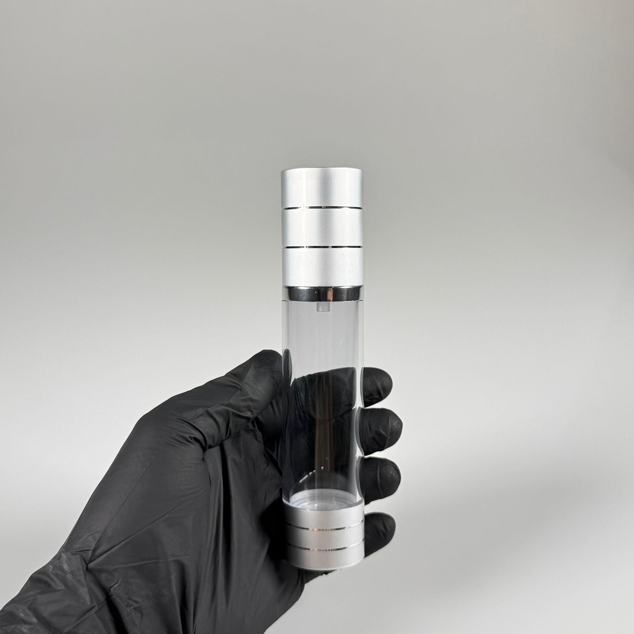 BOŞ KREM VE LOSYON ŞİŞESİ 50 ML BOŞ AİRLESS ŞİŞE - HAVASIZ POMPALI GÜMÜŞ ÜSTÜ YALDIZLI AİRLESS ŞİŞE