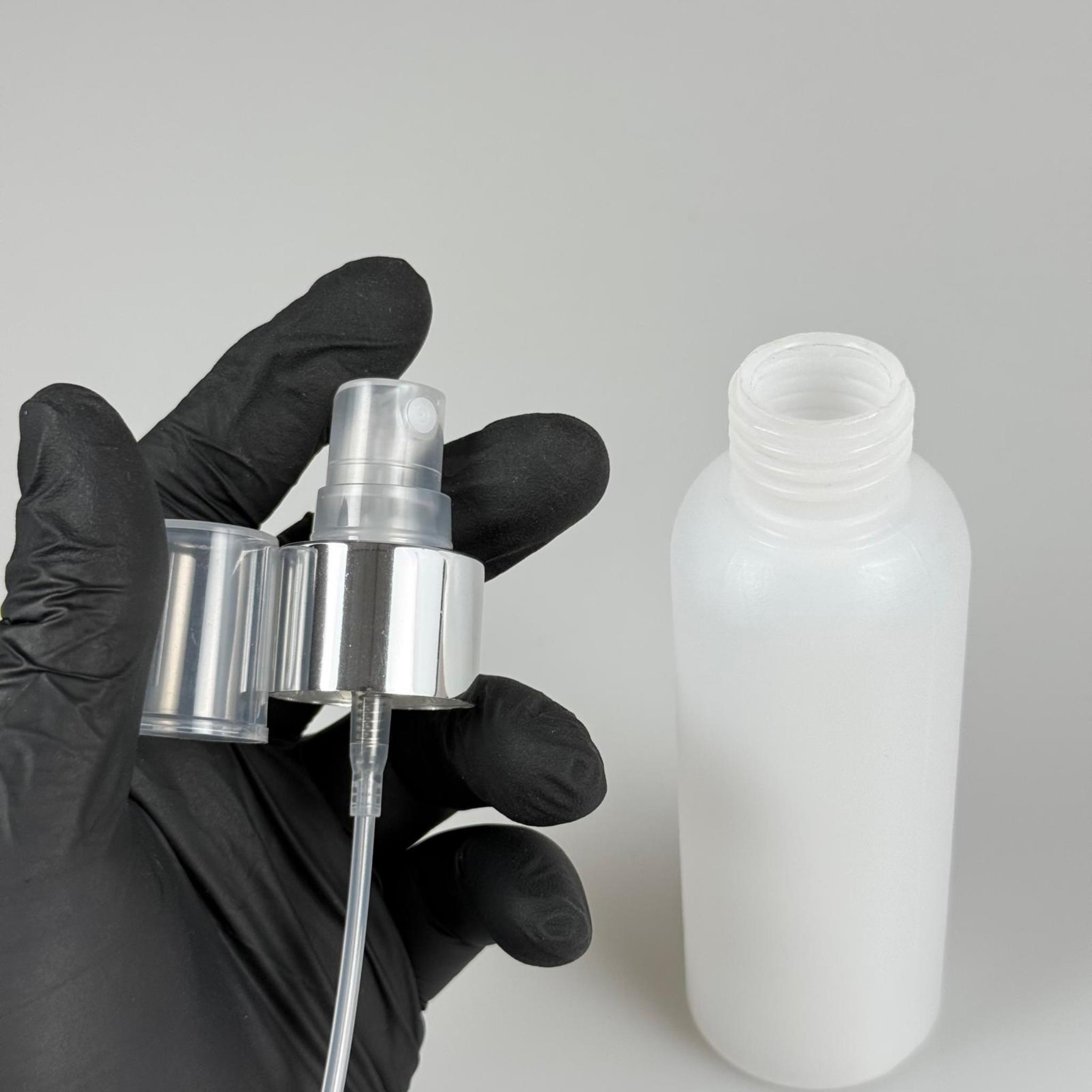 100 CC NATÜREL SERT POLİETİLEN ŞİŞE + GÜMÜŞ SPREYLİ -  24 MM  - 100 ML SERT POLİETİLEN ŞİŞE