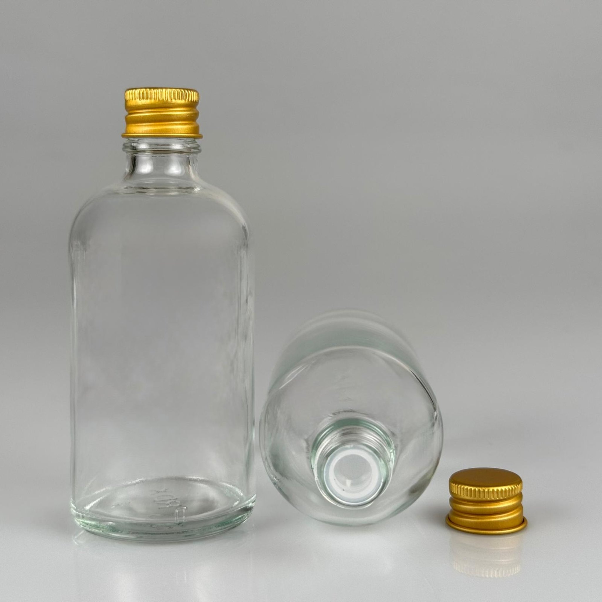 100 CC ŞEFFAF CAM ŞİŞE + KÖPÜK CONTALI GOLD ALÜMİNYUM METAL KAPAKLI + KÖR TIPALI TAKIM - 100 ML ŞEFFAF CAM ŞİŞE