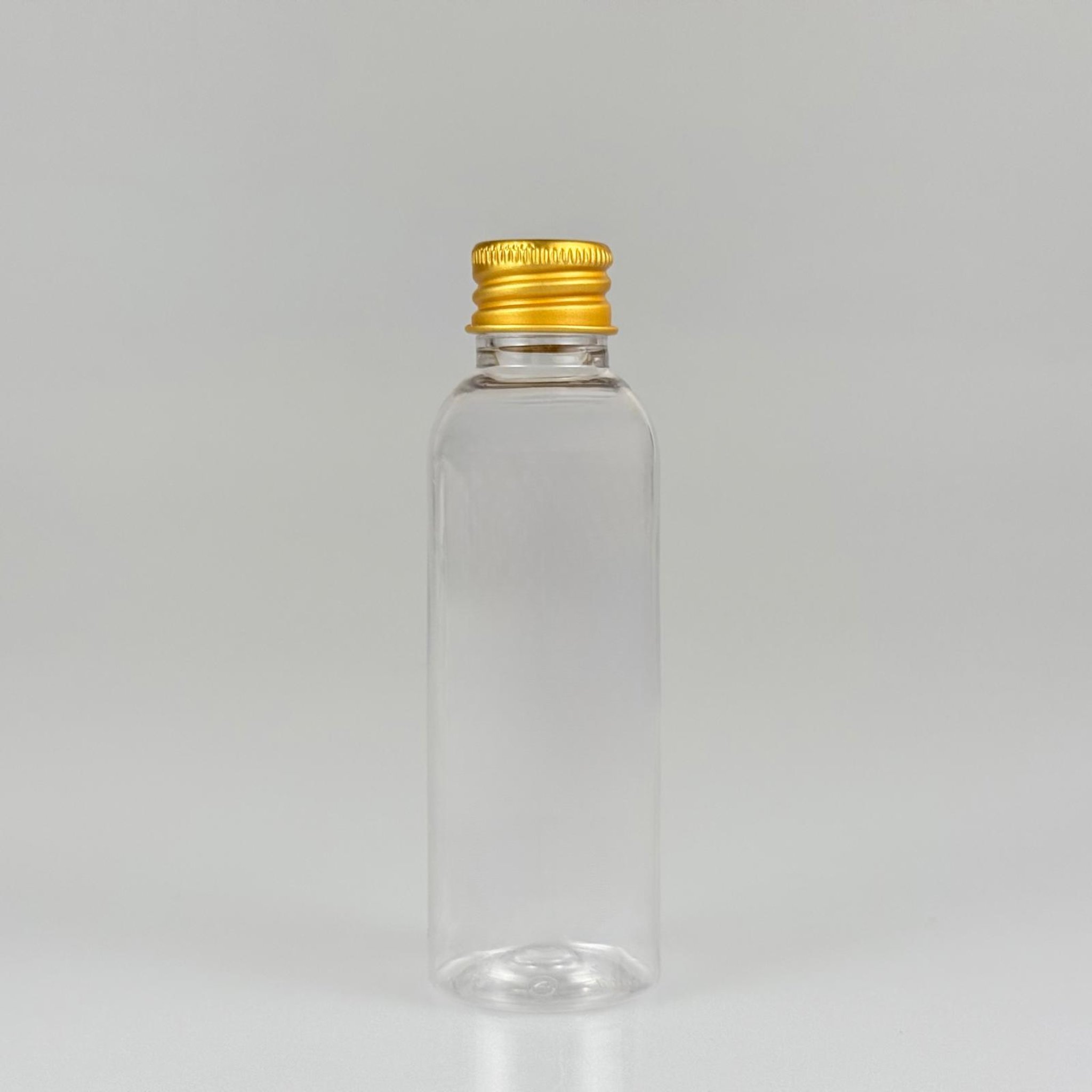 50 CC ŞEFFAF SİLİNDİR UZUN MODEL PET ŞİŞE + KÖPÜK CONTALI GOLD ALÜMİNYUM METAL KAPAKLI TAKIM - 50 ML PLASTİK ŞİŞE