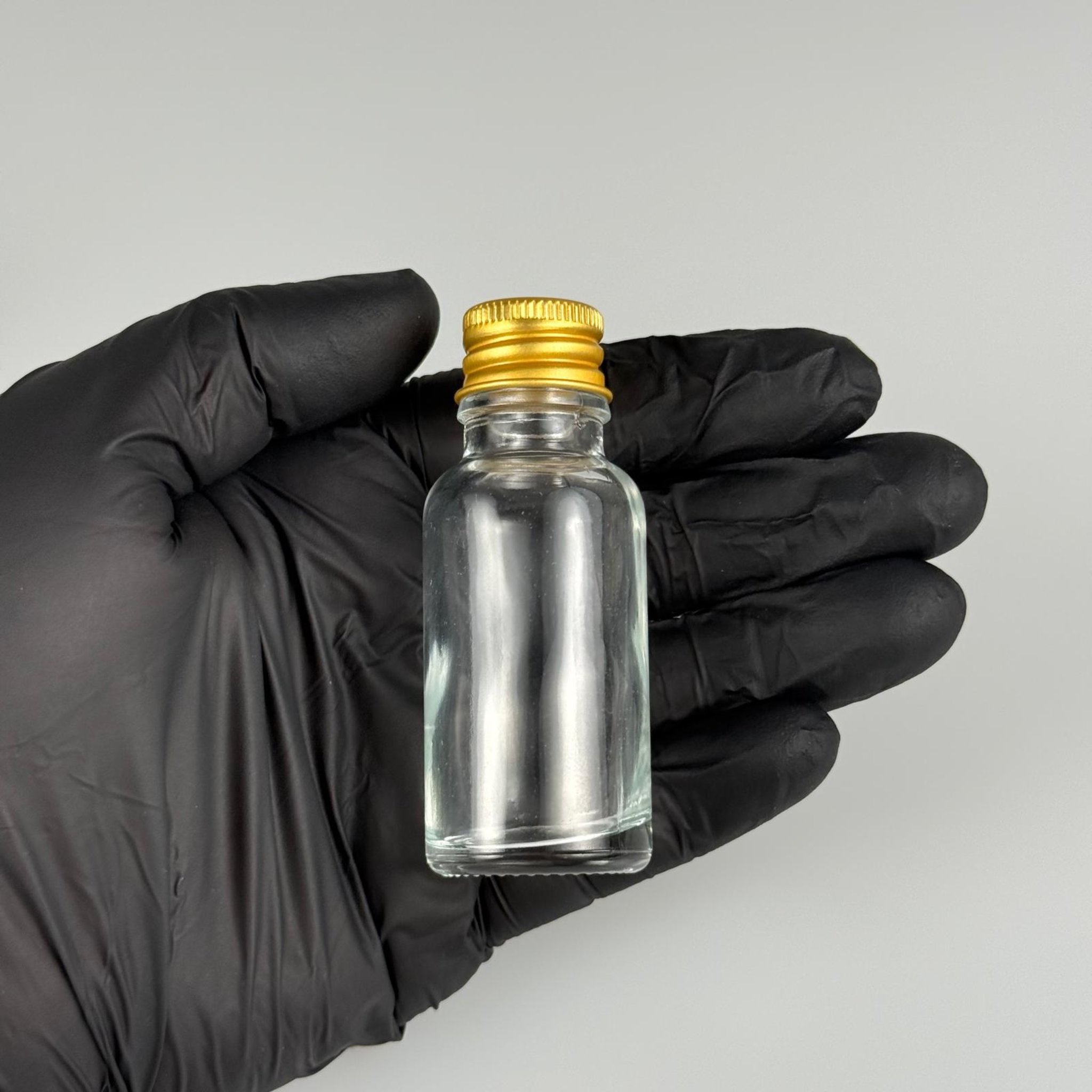 20 CC ŞEFFAF CAM ŞİŞE + KÖPÜK CONTALI GOLD ALÜMİNYUM METAL KAPAKLI TAKIM - 20 ML ŞEFFAF CAM ŞİŞE