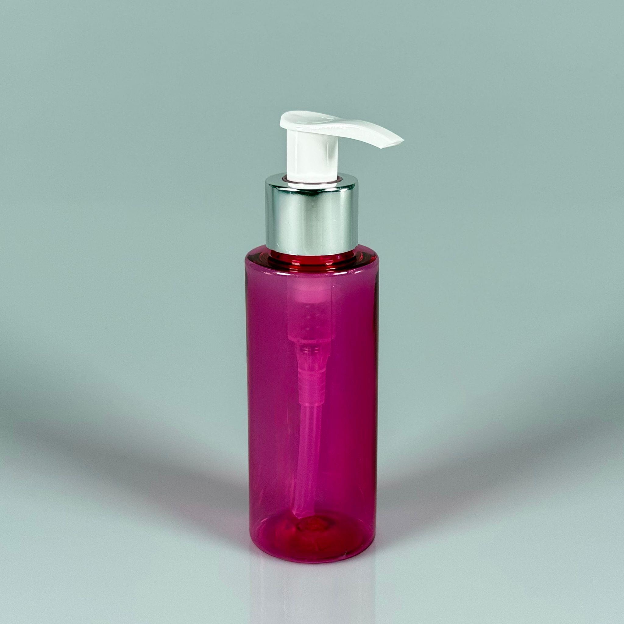 100 CC SİLİNDİR KESKİN KÜT MODEL SERT (17 GR) PET ŞİŞE - GÜMÜŞ SIVI SABUN POMPALI - JEL, PEELING, SERUM, GÜNEŞ KREMİ GİBİ YOĞUN KIVAMLI SIVILAR İÇİN- AĞIZ ÇAPI 24 MM - PEMBE