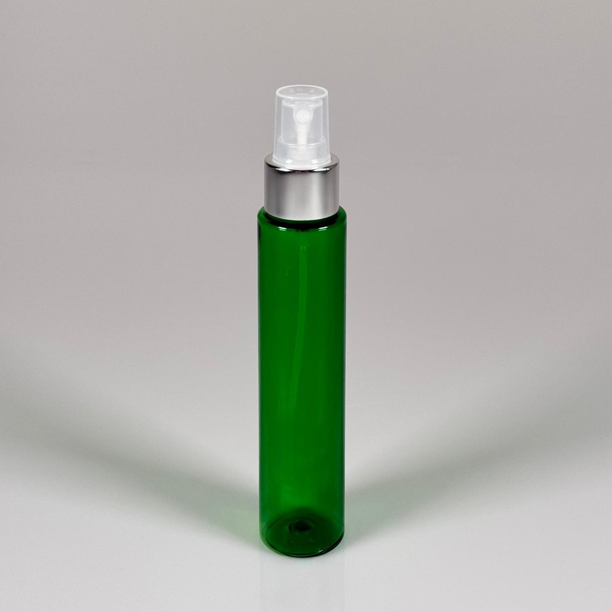 100 CC UZUN SİLİNDİR YEŞİL PET ŞİŞE (24 GR)  - GÜMÜŞ SPREYLİ - 100 ML BİBERİYE SUYU, LAVANTA YAĞI, SAÇ SERUM, TONİK VB İÇİN PLASTİK KOZMETİK AMBALAJLARI