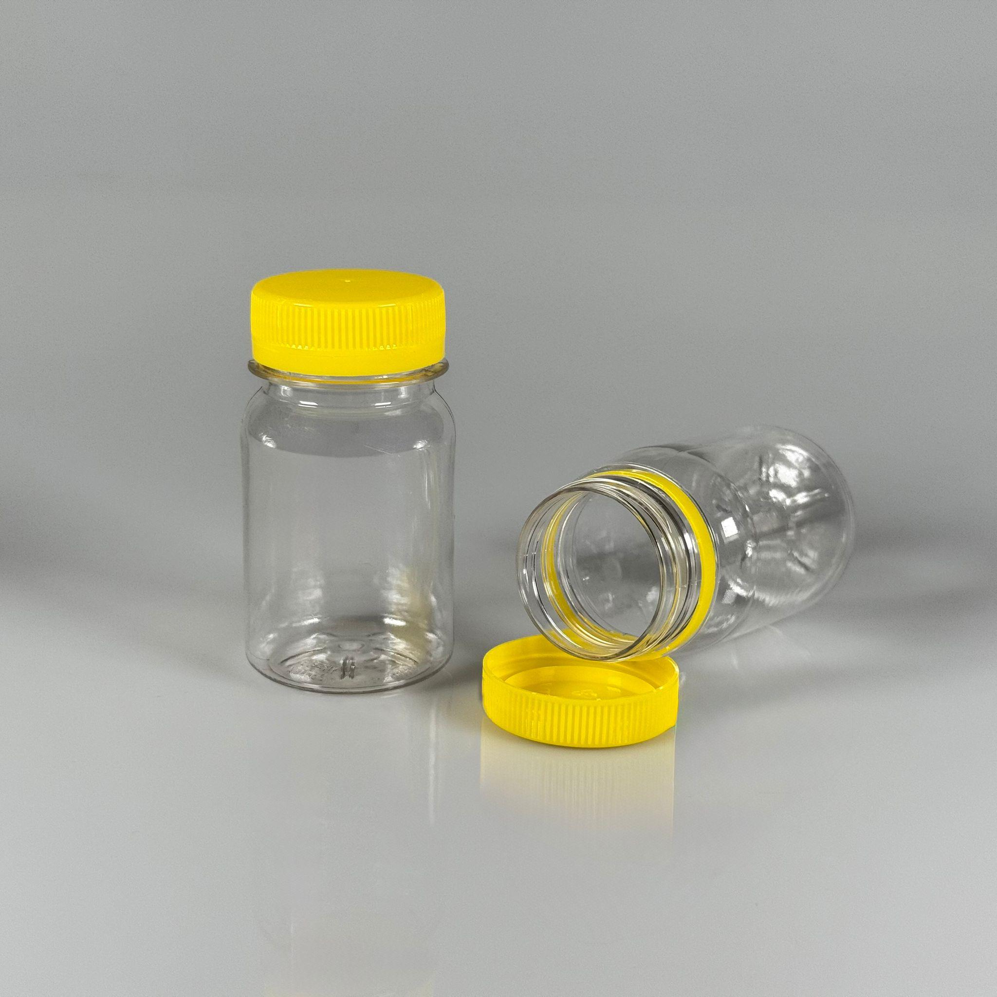 100 CC SİLİNDİR PET ŞİŞE (15,6 GR) - 38 MM GENİŞ AĞIZLI KİLİTLİ SARI KAPAKLI  - 100 ML PLASTİK BOŞ ŞİŞELER