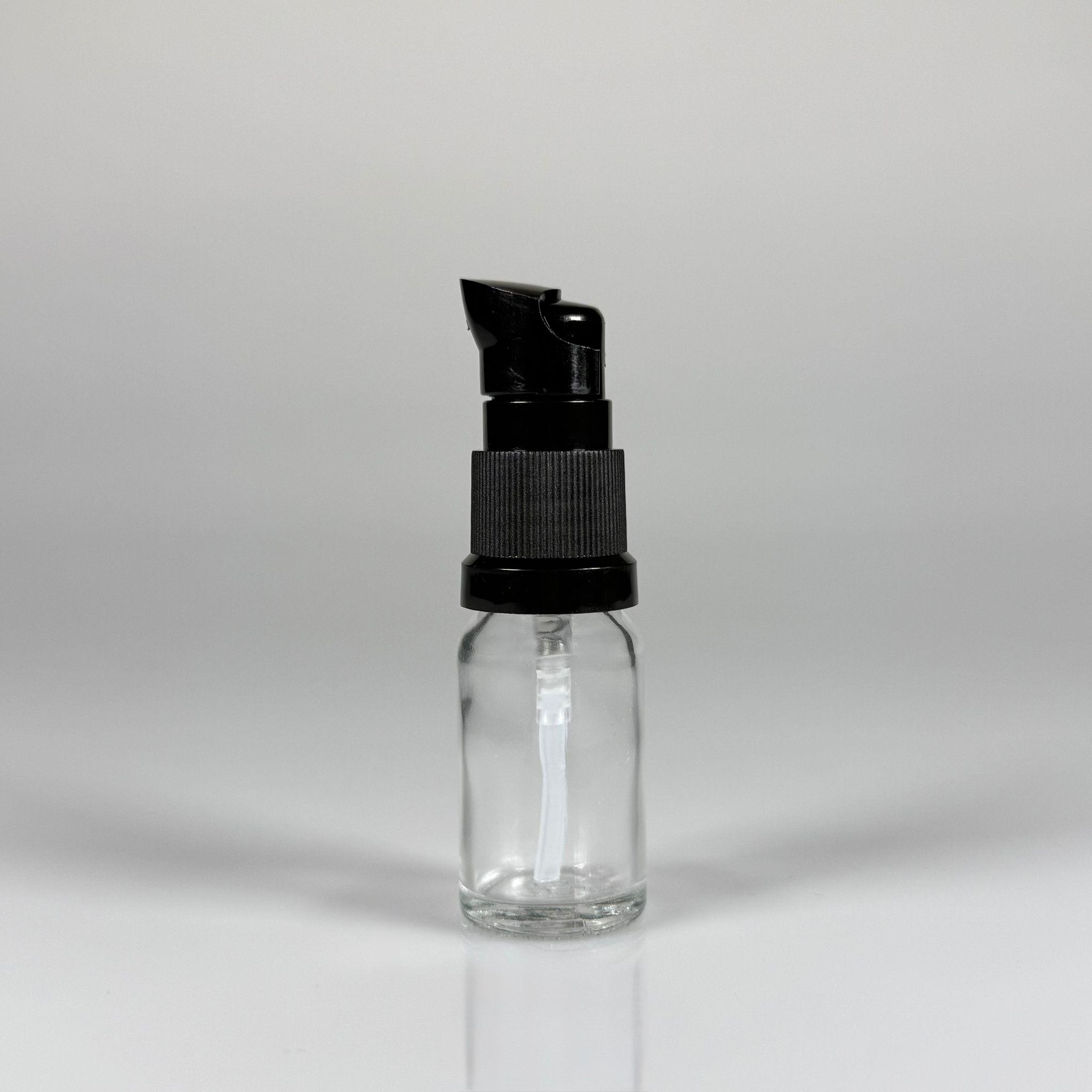 10 CC ŞEFFAF CAM ŞİŞE - SIZDIRMAZ ETEKLİ SİYAH LOSYON POMPALI TAKIM - 10 ML LOSYON ŞİŞESİ - YAĞ, KREM GİBİ YOĞUN KIVAMLI SIVILAR İÇİN CAM AMBALAJ