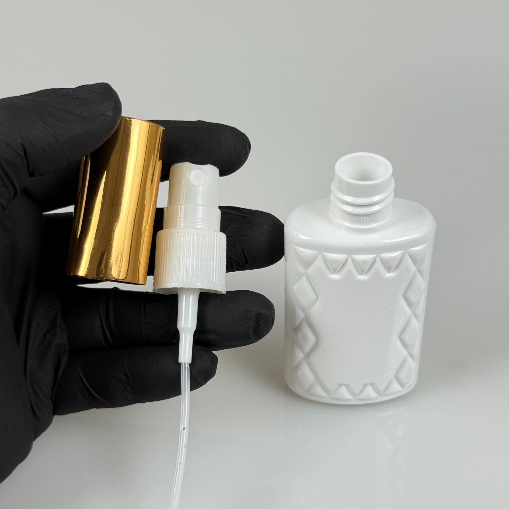 50 ML PET KOLONYA, PARFÜM VB ŞİŞELERİ - METAL ALÜMİNYUM GOLD KAPAK + VİDALI SPREY + 50 CC KÖŞELİ BEYAZ ŞİŞE SET TAKIM
