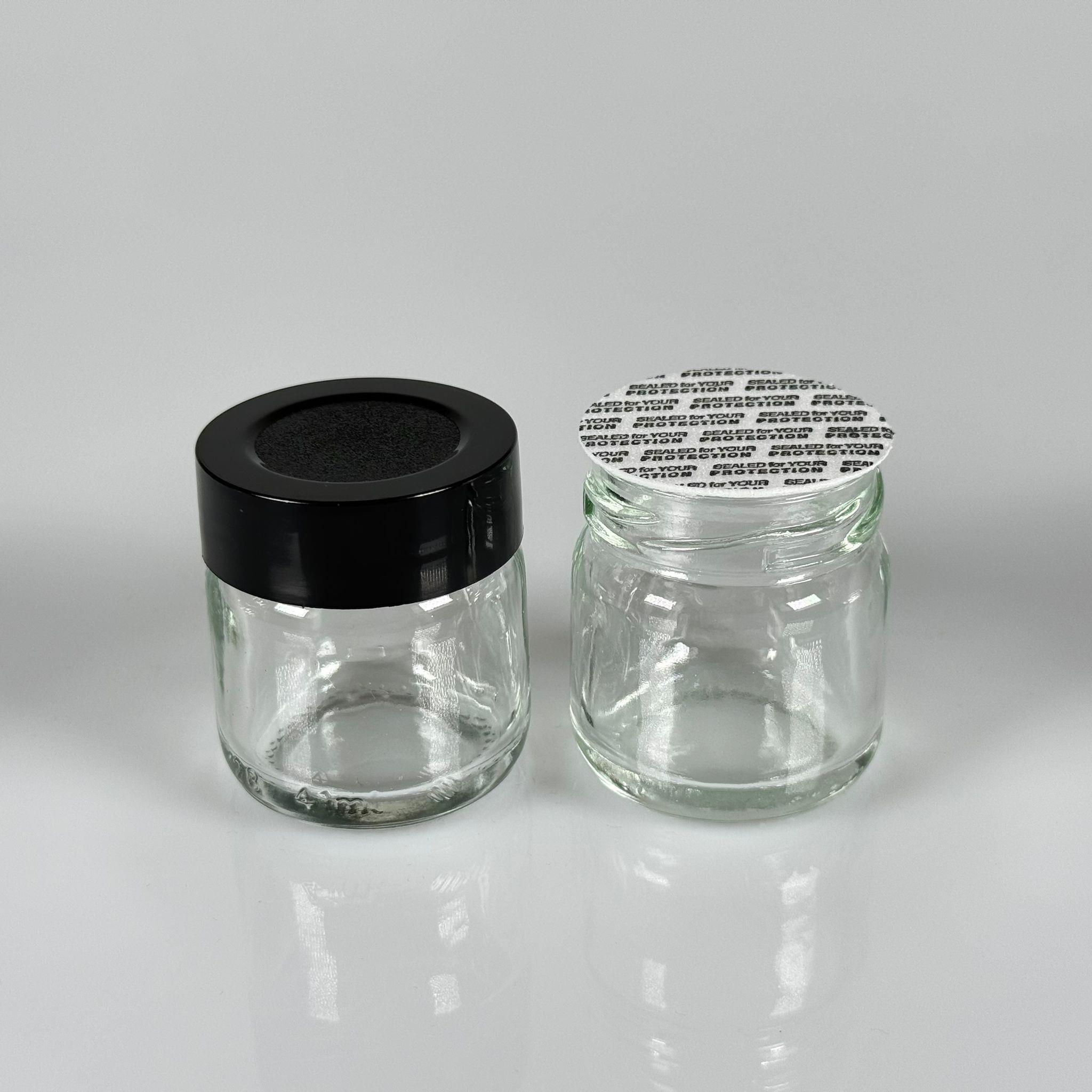 40 CC CAM KAVANOZ - SİYAH PLASTİK DERİN ÜSTÜ KUMLAMA KAPAKLI + KENDİNDEN YAPIŞKANLI KÖPÜK CONTALI - 40 ML MİNİ KREM  CAM KAVANOZLARI