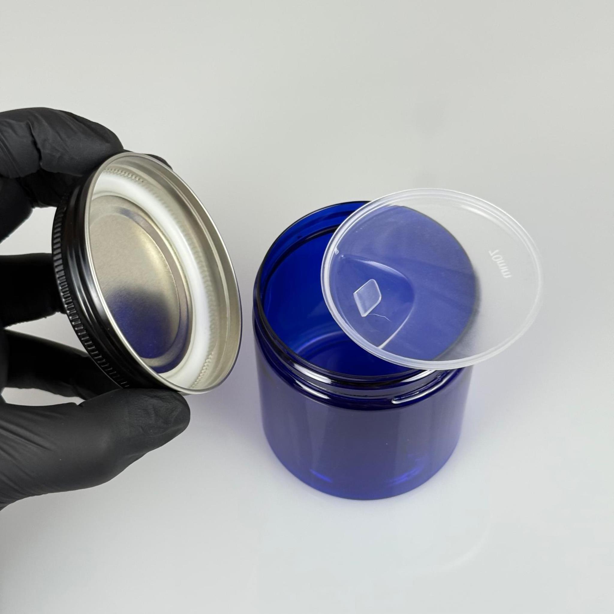 250 ML SERT PET KAVANOZ + SİYAH METAL KAPAK + İÇ TIPA - 250 CC KALIN MAVİ PLASTİK KAVANOZ SİYAH METAL KAPAKLI İÇ TIPALI TAKIM - KREM KAVANOZLARI