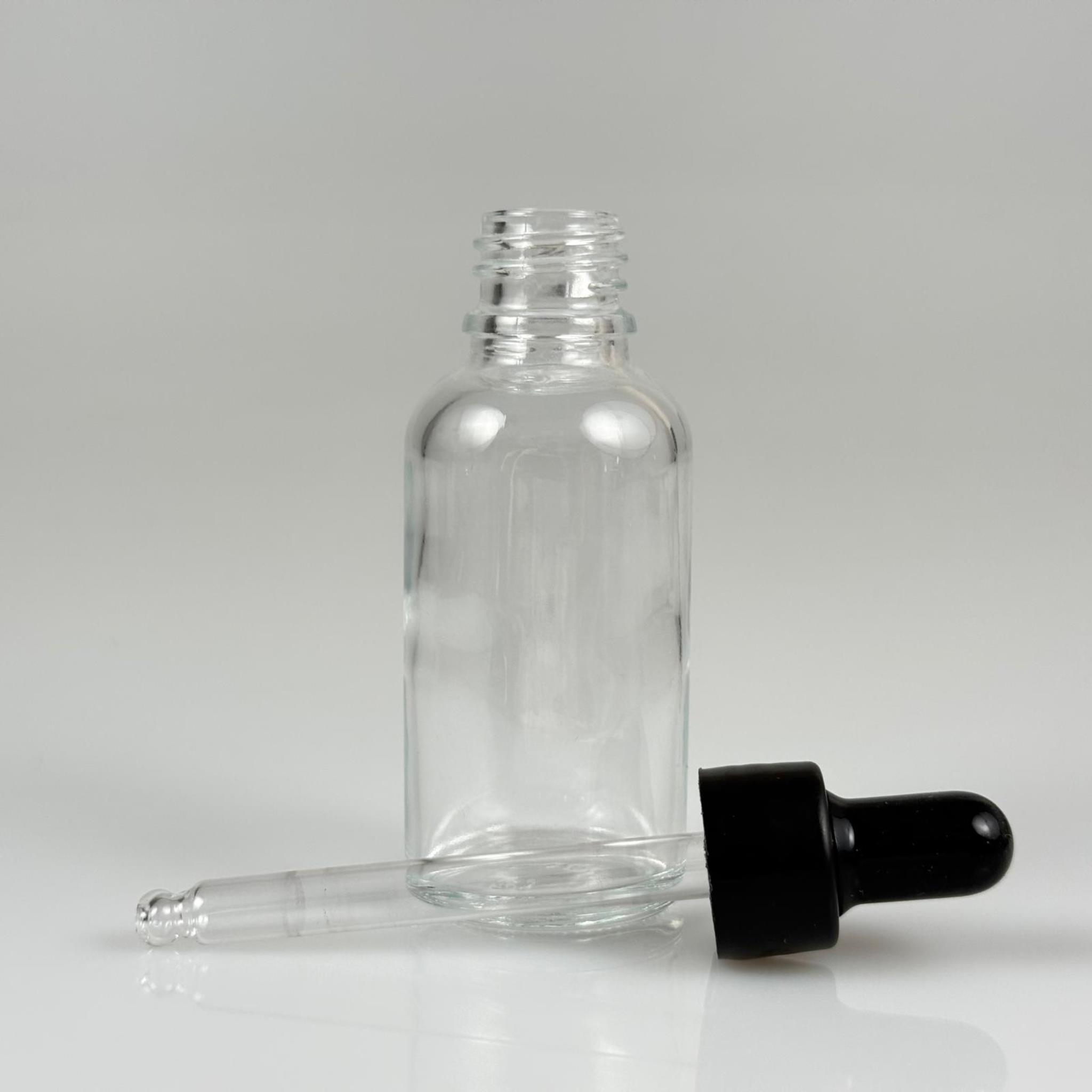 30 CC ŞEFFAF CAM DAMLALIKLI ŞİŞE - SİYAH EMZİK + SİYAH DÜZ KAPAK + CAM PİPET TAKIM - 30 ML DAMLALIKLI ŞİŞE SETİ