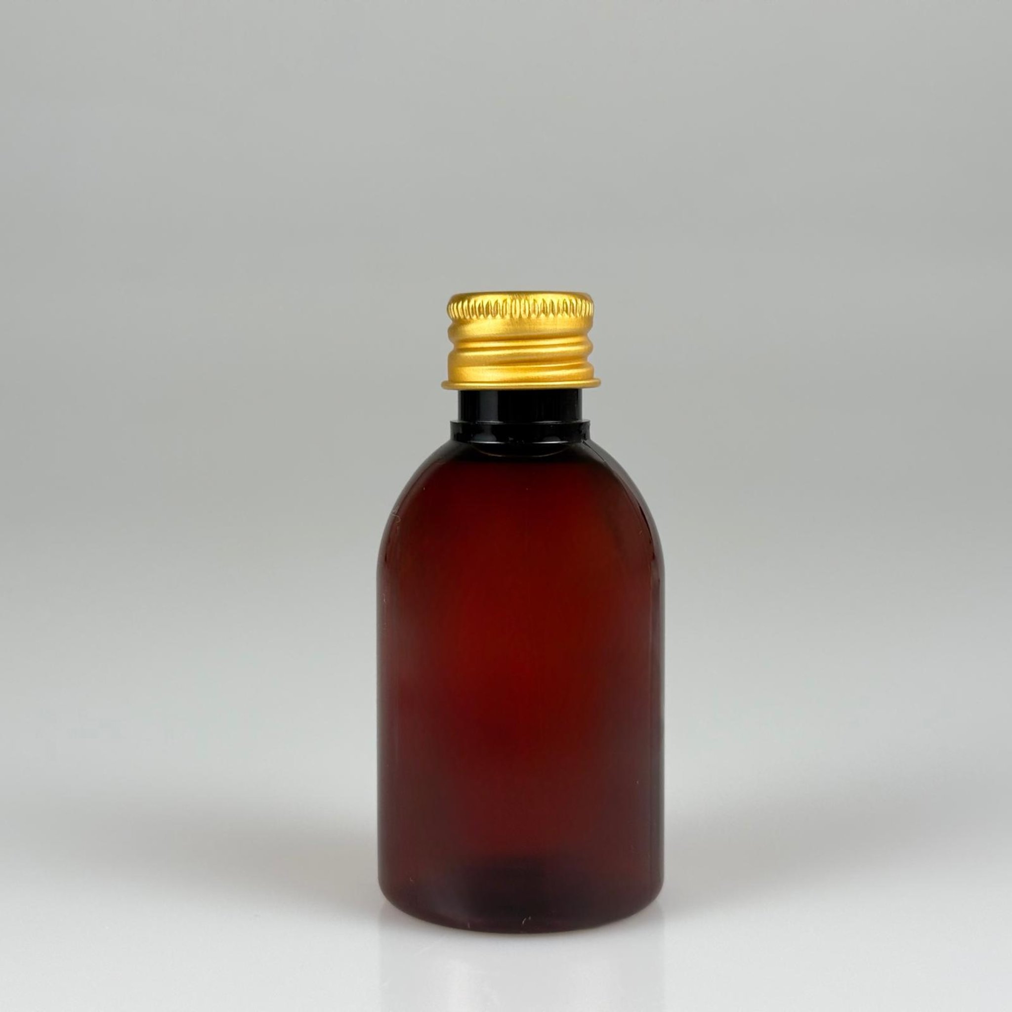 50  CC AMBER PET ŞİŞE + KÖPÜK CONTALI GOLD ALÜMİNYUM METAL KAPAKLI TAKIM - 50 ML KAHVERENGİ PLASTİK ŞİŞE