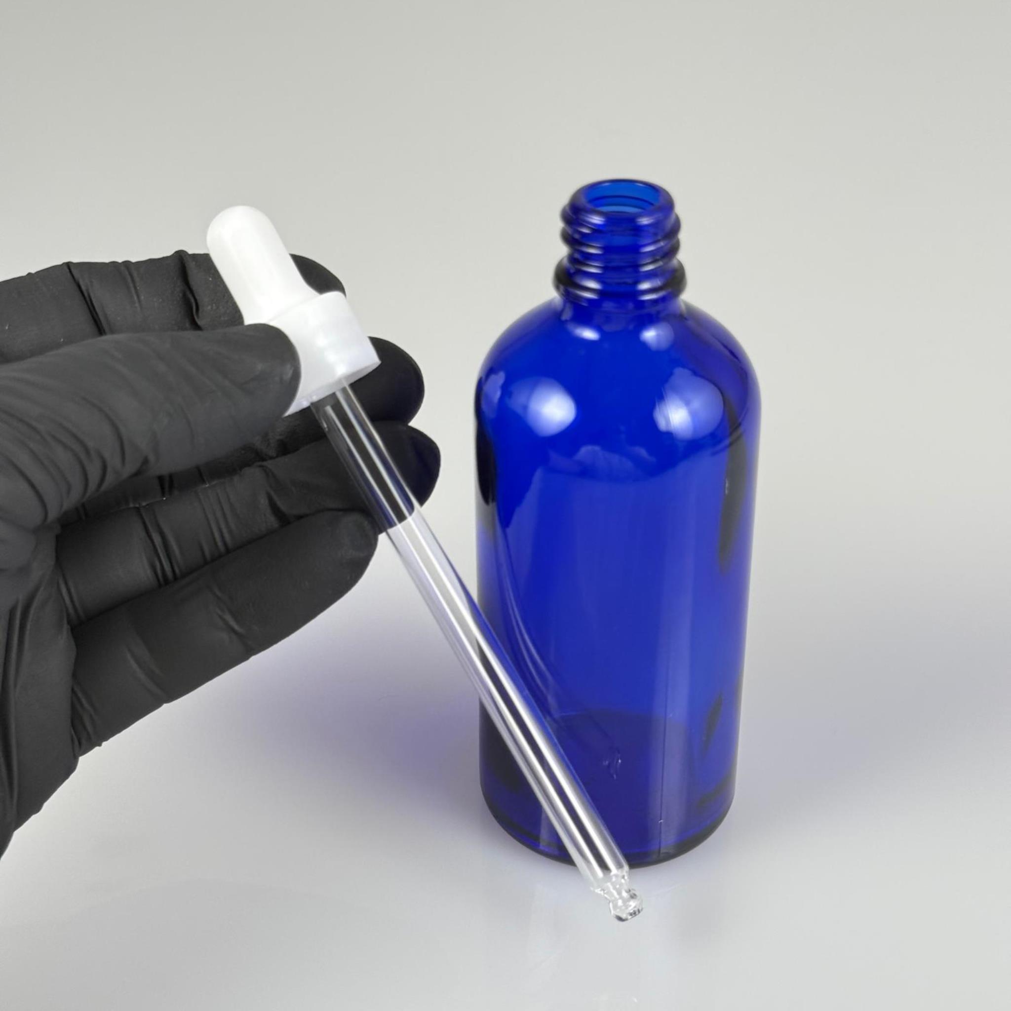 100 CC MAVİ CAM DAMLALIKLI ŞİŞE - BEYAZ EMZİK + BEYAZ DÜZ KAPAK + CAM PİPET TAKIM - 100 ML DAMLALIKLI ŞİŞE SETİ