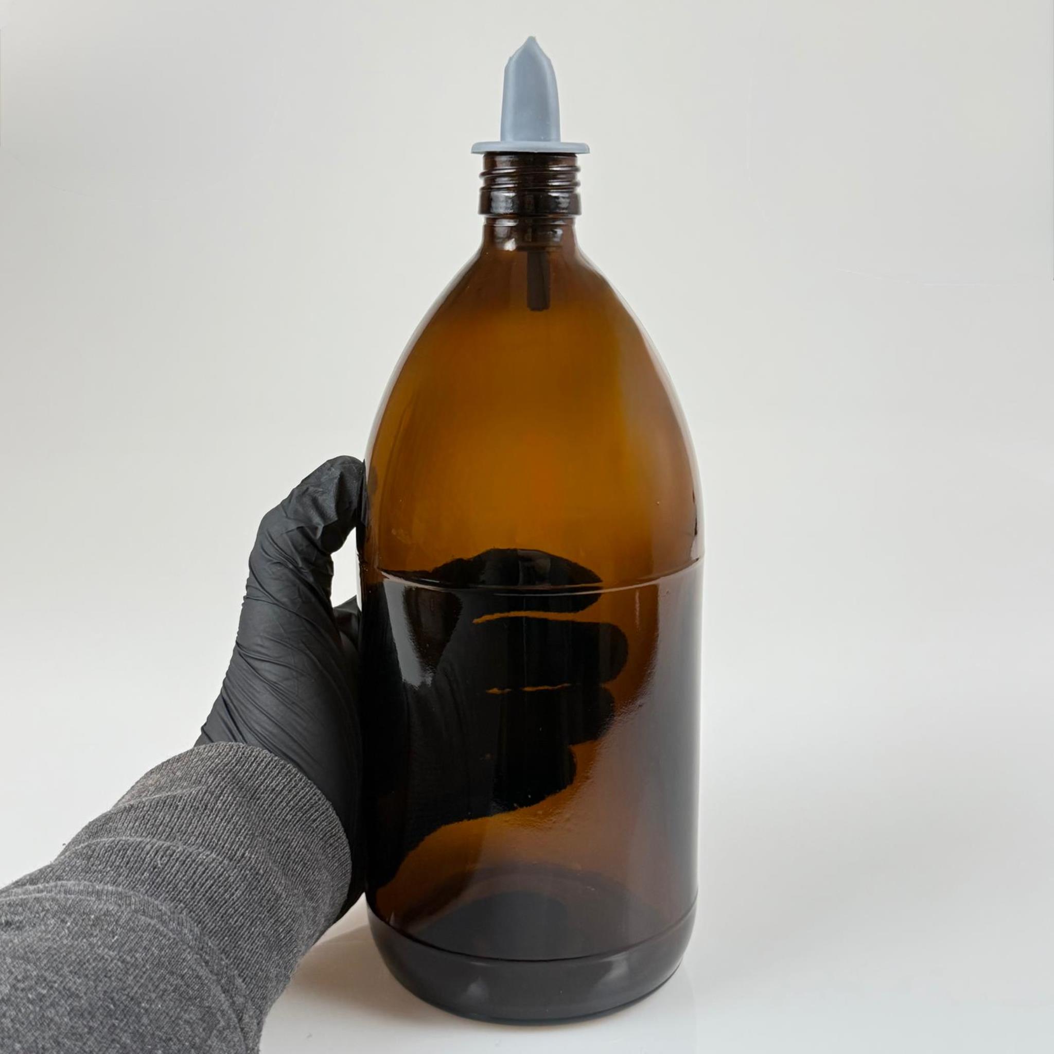 1000 CC AMBER TOMBUL ÖZEL SERİ CAM ŞİŞE - GRİ SİLİKON YAĞDANLIK TIPALI - 1000 ML CAM ECZA ŞİŞESİ - KAHVERENGİ