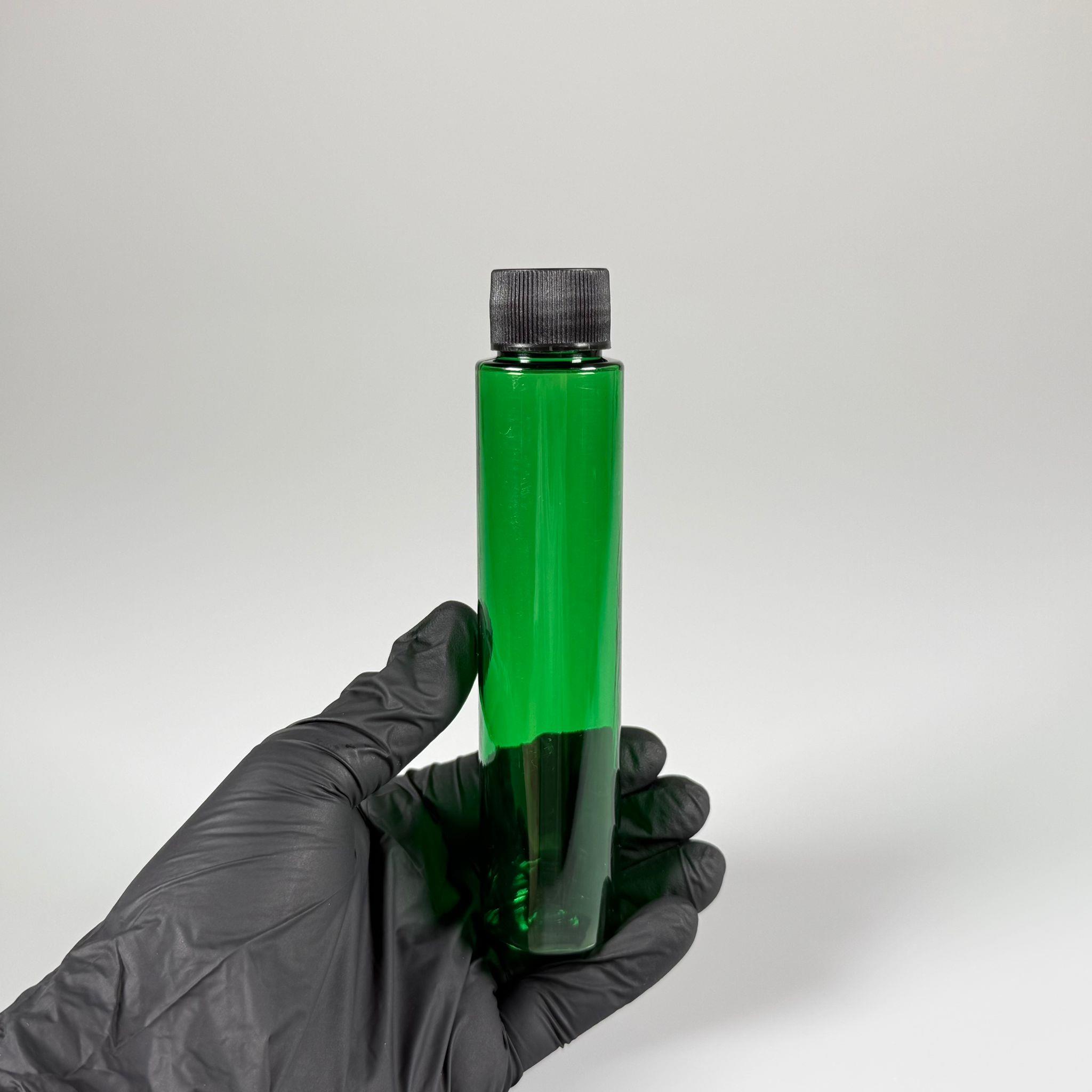 100 CC UZUN SİLİNDİR YEŞİL PET ŞİŞE (24 GR)  - SİYAH KAPAKLI KOLONYA TIPALI - 100 ML BİBERİYE SUYU, LAVANTA YAĞI, SAÇ SERUM, TONİK VB İÇİN PLASTİK KOZMETİK AMBALAJLARI