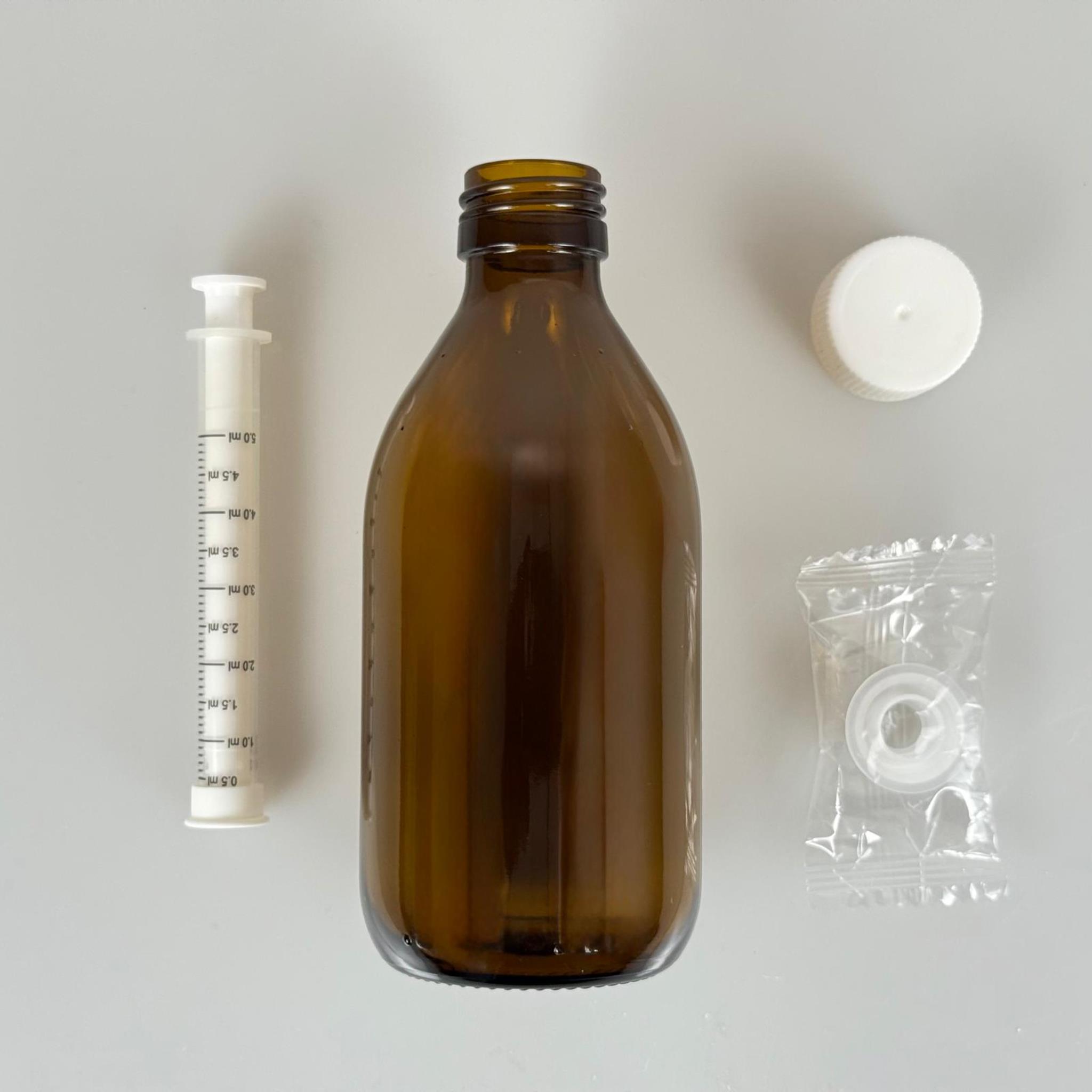 250 ML CAM ECZA ŞİŞESİ + 5 ML DOZAJ PİPETİ + DOZAJ TIPASI + CONTALI PLASTİK KAPAK TAKIM