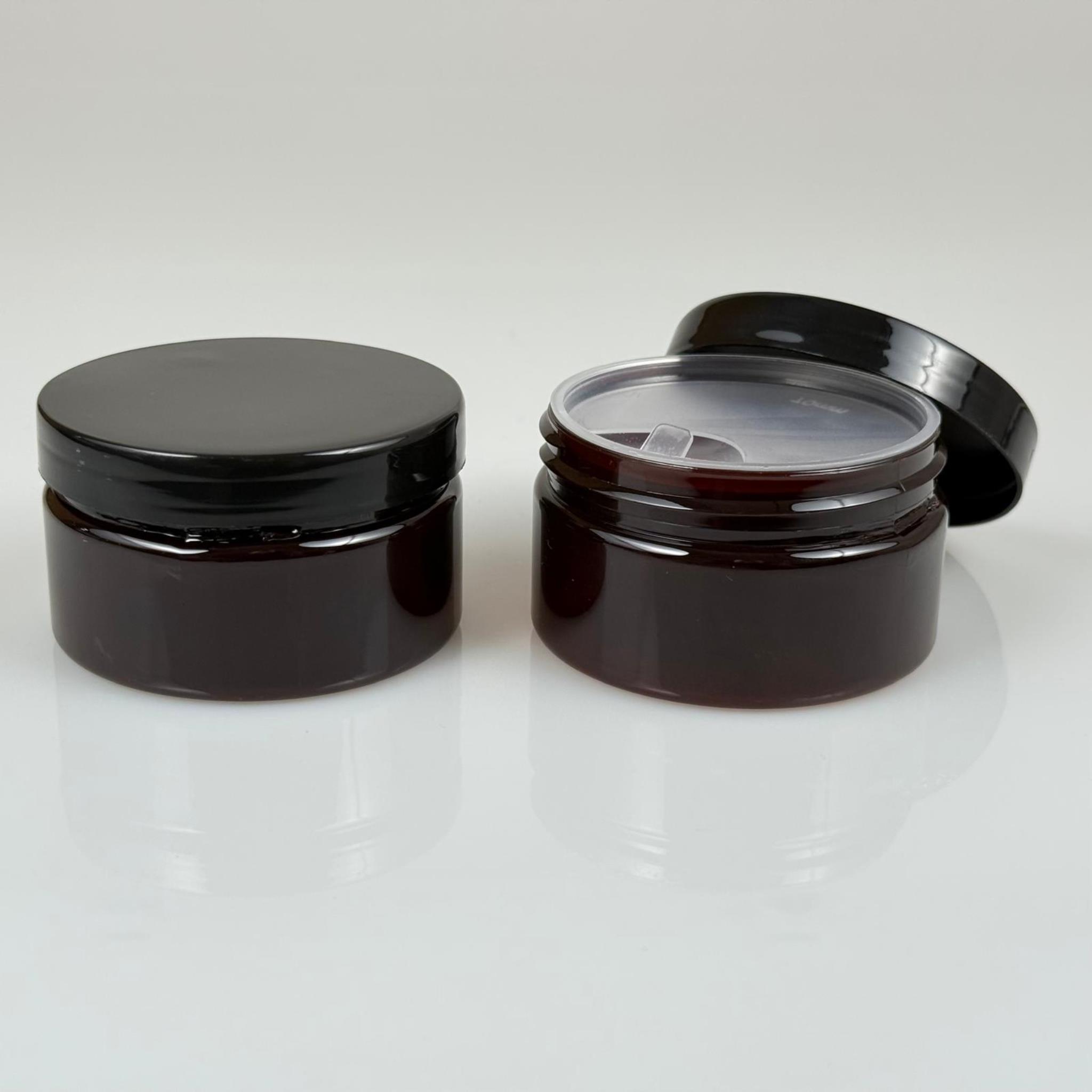 100 ML SERT PET KAVANOZ + SİYAH PLASTİK KAPAK + İÇ TIPA - 100 CC KALIN AMBER PLASTİK KAVANOZ SİYAH PLASTİK KAPAKLI İÇ TIPALI TAKIM - KREM KAVANOZLARI