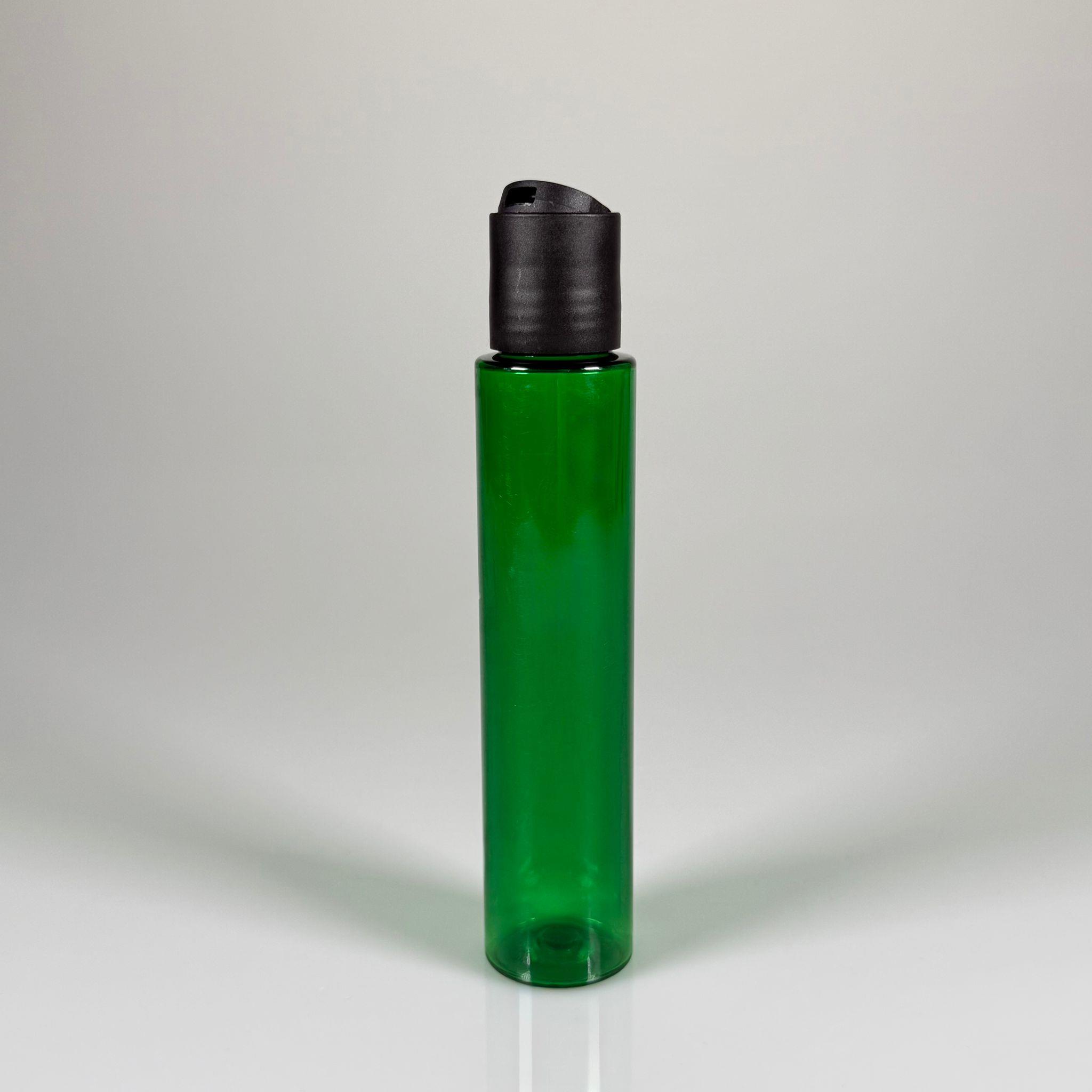 100 CC UZUN SİLİNDİR YEŞİL PET ŞİŞE (24 GR) - SİYAH DİSKTOP AKITICI ŞAMPUAN KAPAKLI - 100 ML BİBERİYE SUYU, LAVANTA YAĞI, SAÇ SERUM, TONİK VB İÇİN PLASTİK KOZMETİK AMBALAJLARI