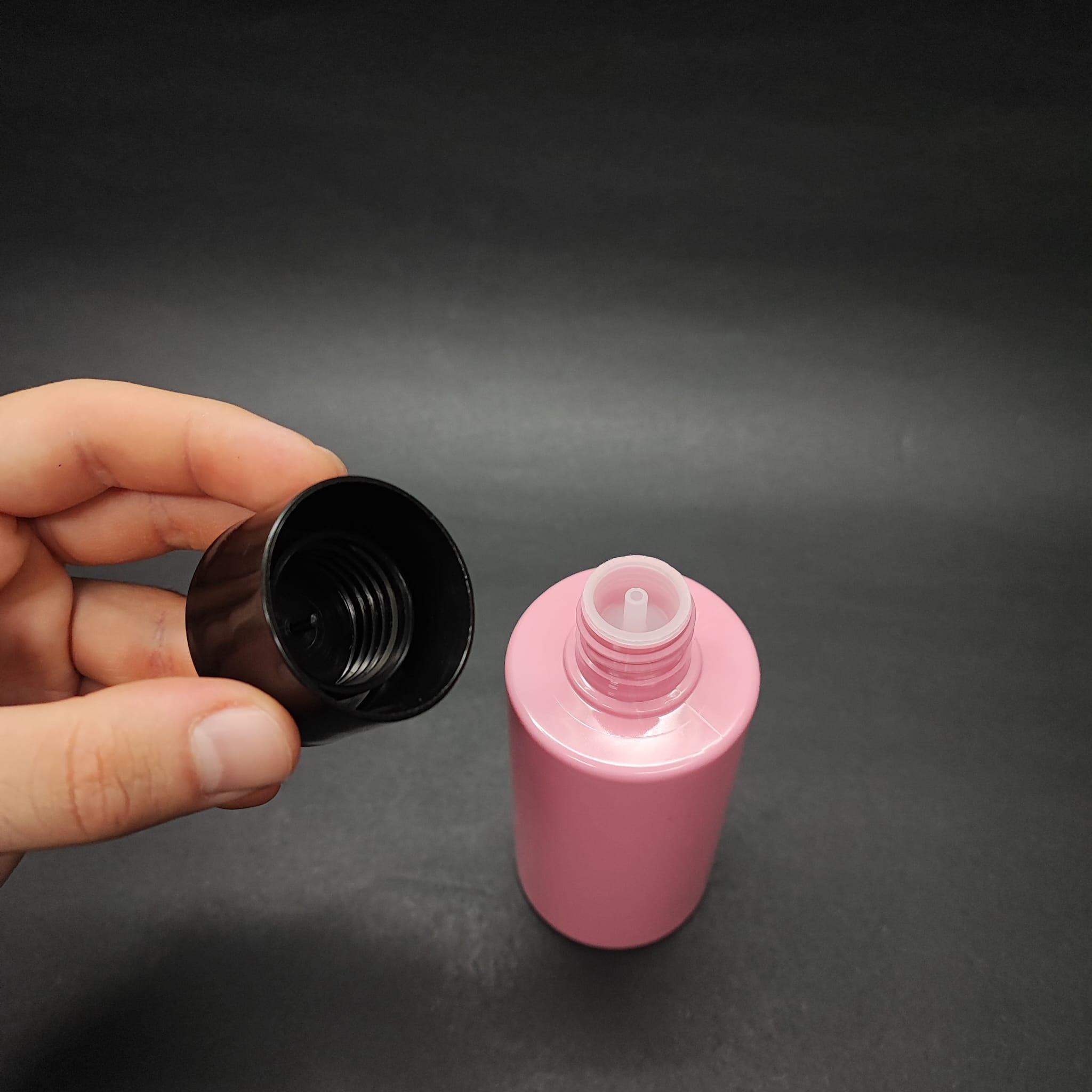 200 CC KÜT BOYUNLU SİLİNDİR PET ŞİŞE (24 GR) - SİYAH KOLONYA LOSYON KAPAK + TIPA - 200 ML PLASTİK ŞİŞE - PEMBE