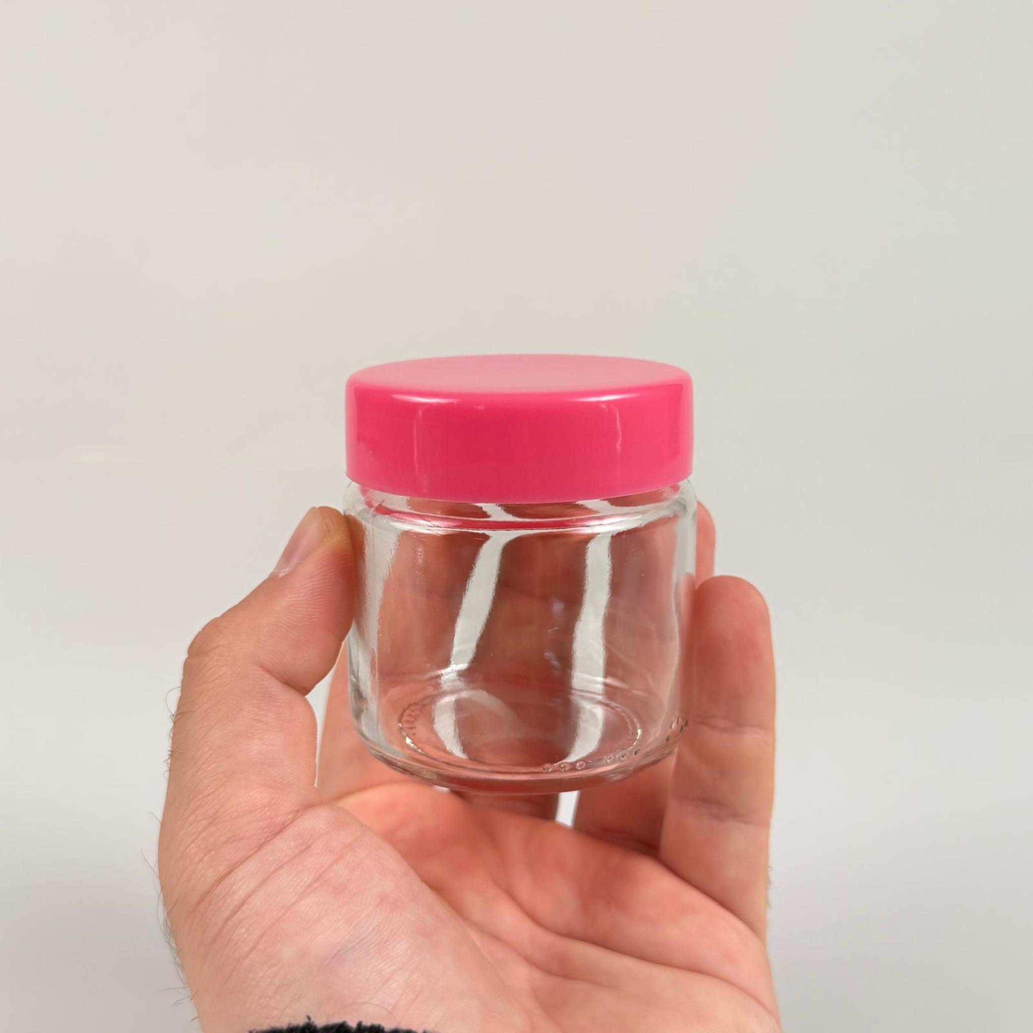 100 CC CAM KAVANOZ + PEMBE PLASTİK KAPAK - 100 ML PLASTİK KAPAKLI CAM KAVANOZ (SİLME 106 CC)