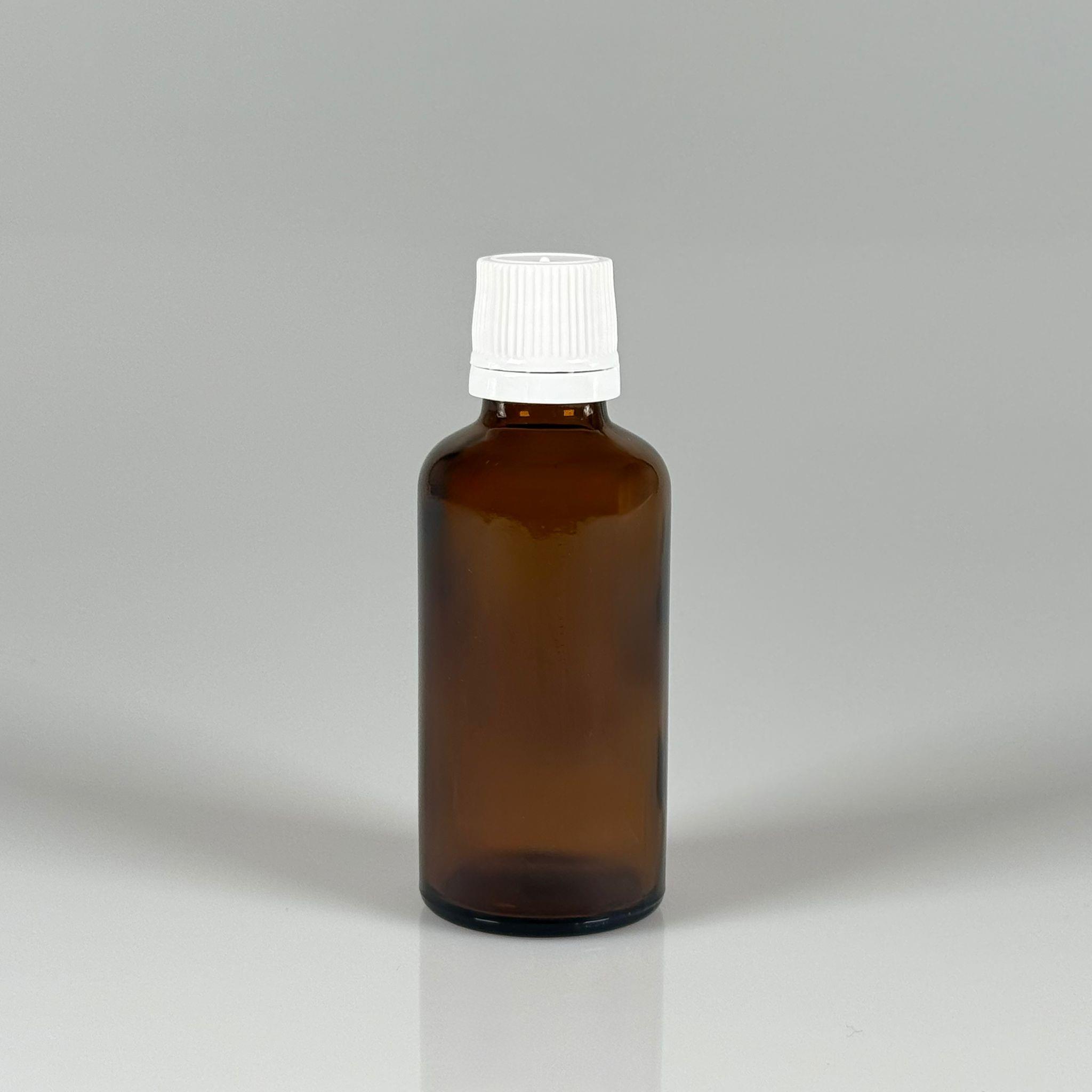 50 CC CAM AMBER KAHVERENGİ KİLİTLİ, KENDİNDEN CONTALI BEYAZ KAPAKLI - 50 ML DAR AĞIZLI İLAÇ ŞİŞESİ