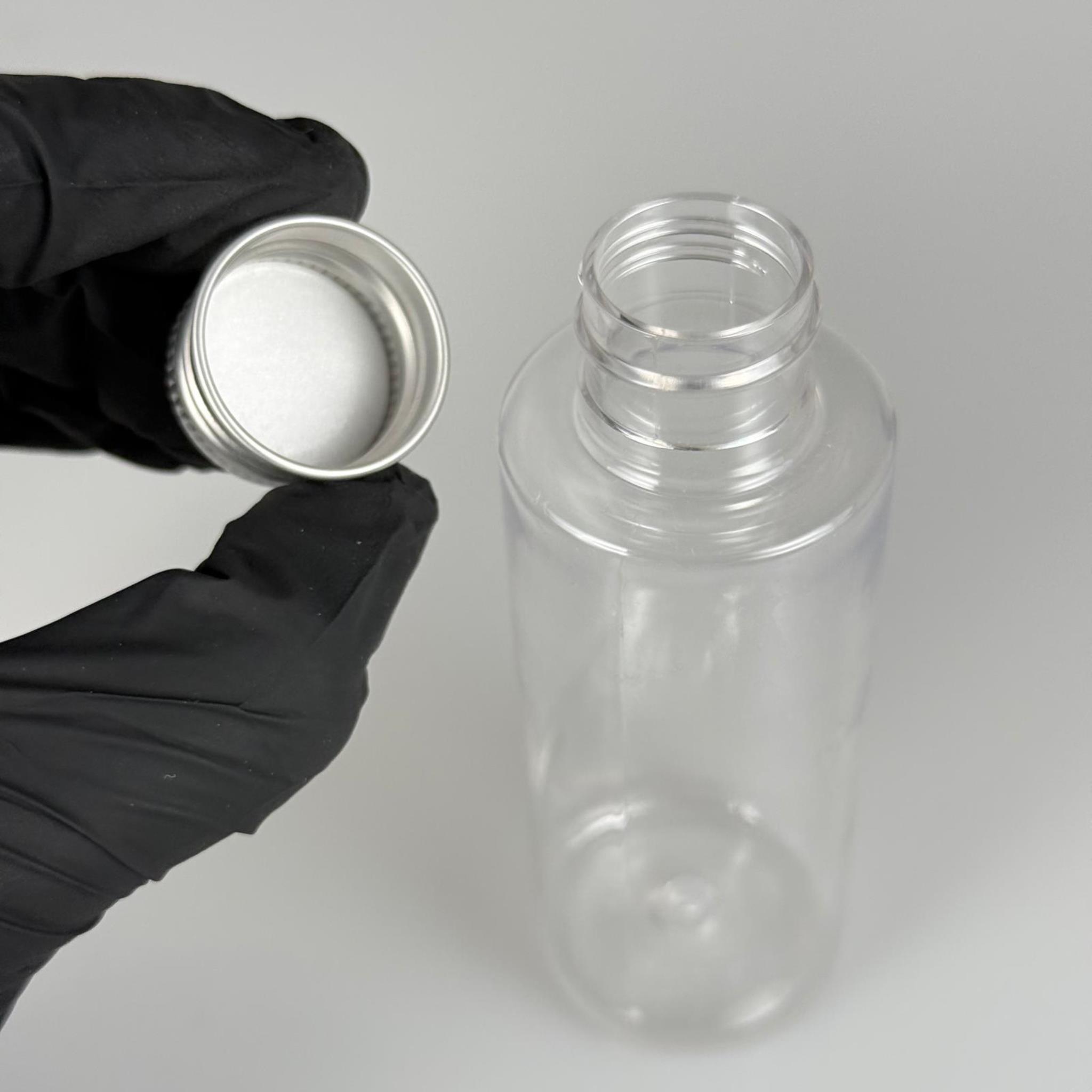 100 CC SİLİNDİR KESKİN KÜT MODEL SERT (17 GR) PET ŞİŞE 24 AĞIZ + KÖPÜK CONTALI SİYAH METAL ALÜMİNYUM KAPAK TAKIM - 100 ML KAPAKLI PLASTİK ŞİŞELER