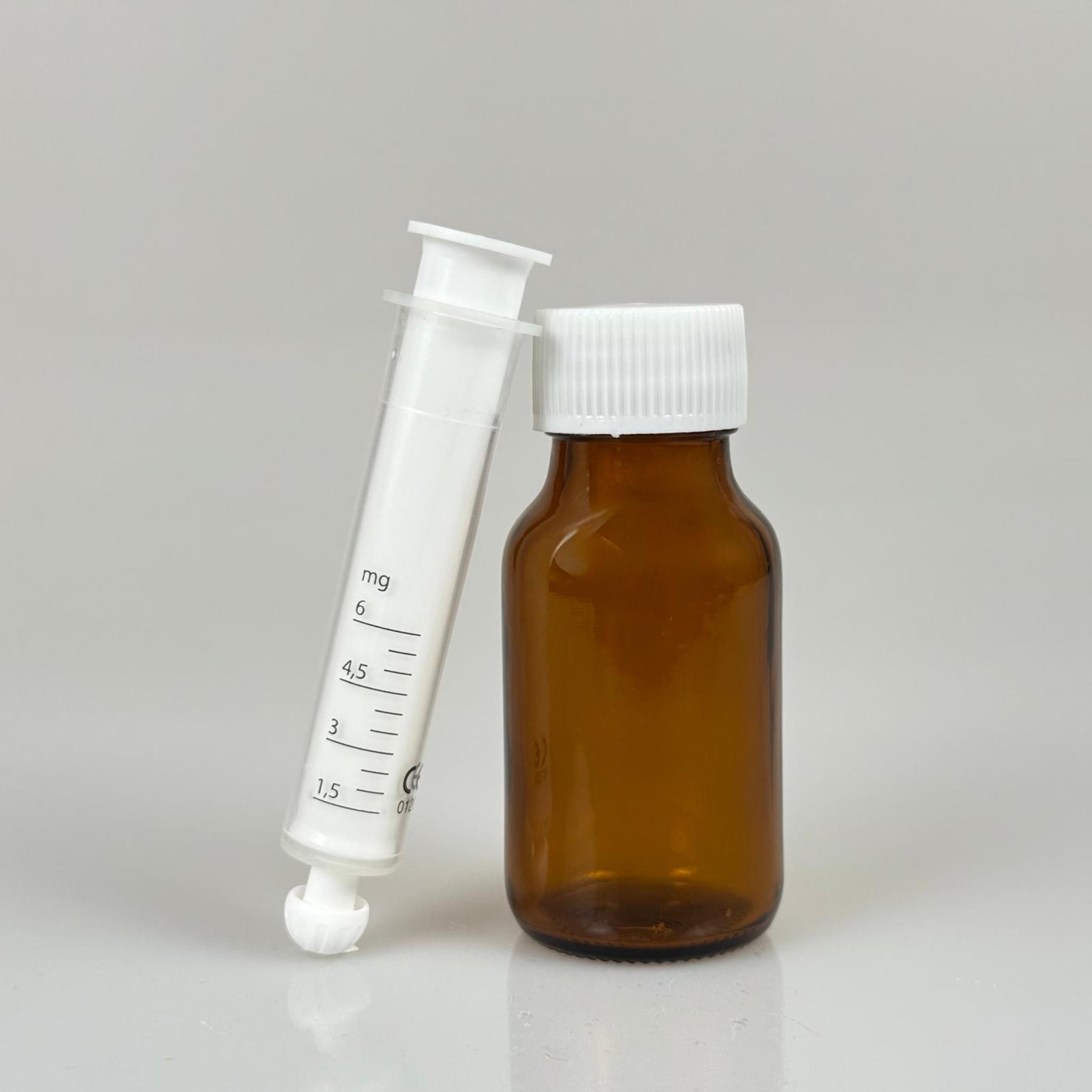 50 ML CAM ECZA ŞİŞESİ + 6 ML DOZAJ PİPETİ + DOZAJ TIPASI + CONTALI PLASTİK KAPAK TAKIM