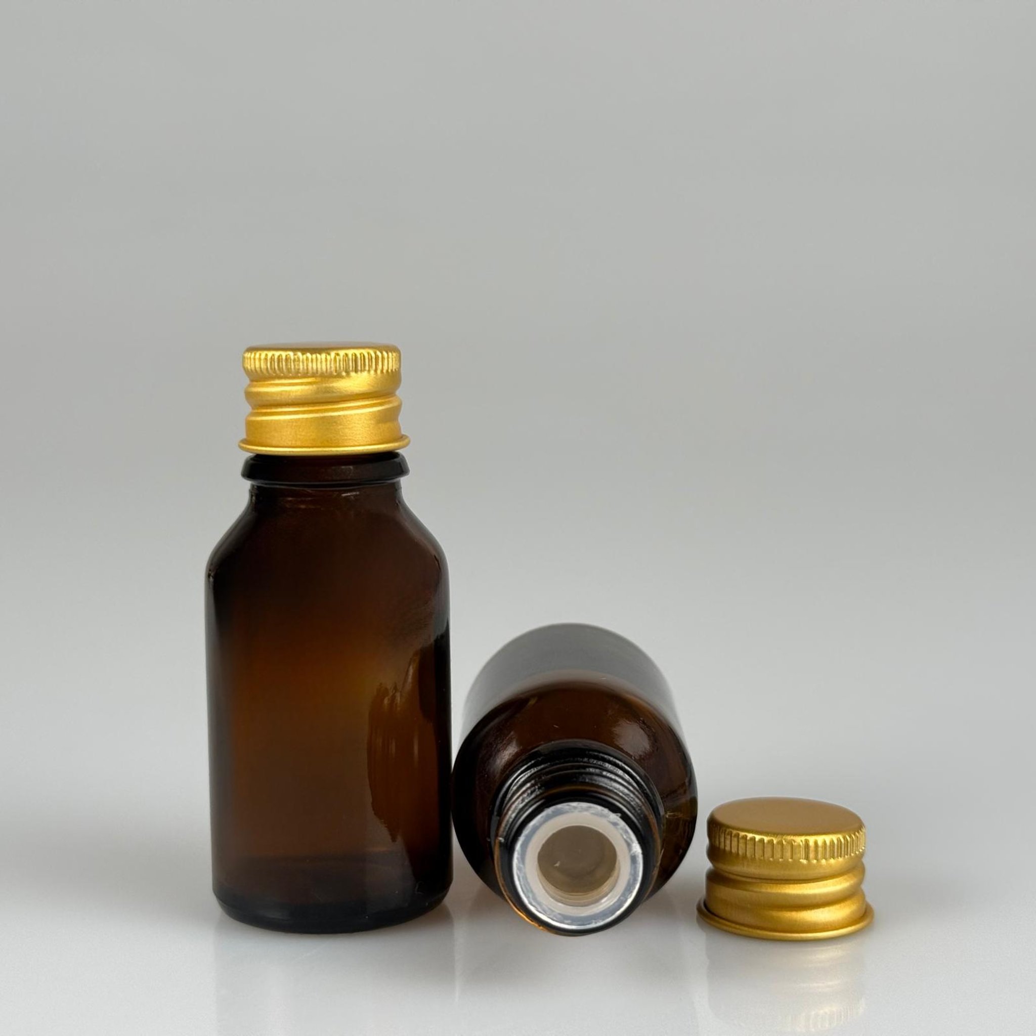 15 CC AMBER CAM ŞİŞE + KÖPÜK CONTALI GOLD ALÜMİNYUM METAL KAPAKLI + KÖR TIPALI TAKIM - 15 ML KAHVERENGİ CAM ŞİŞE