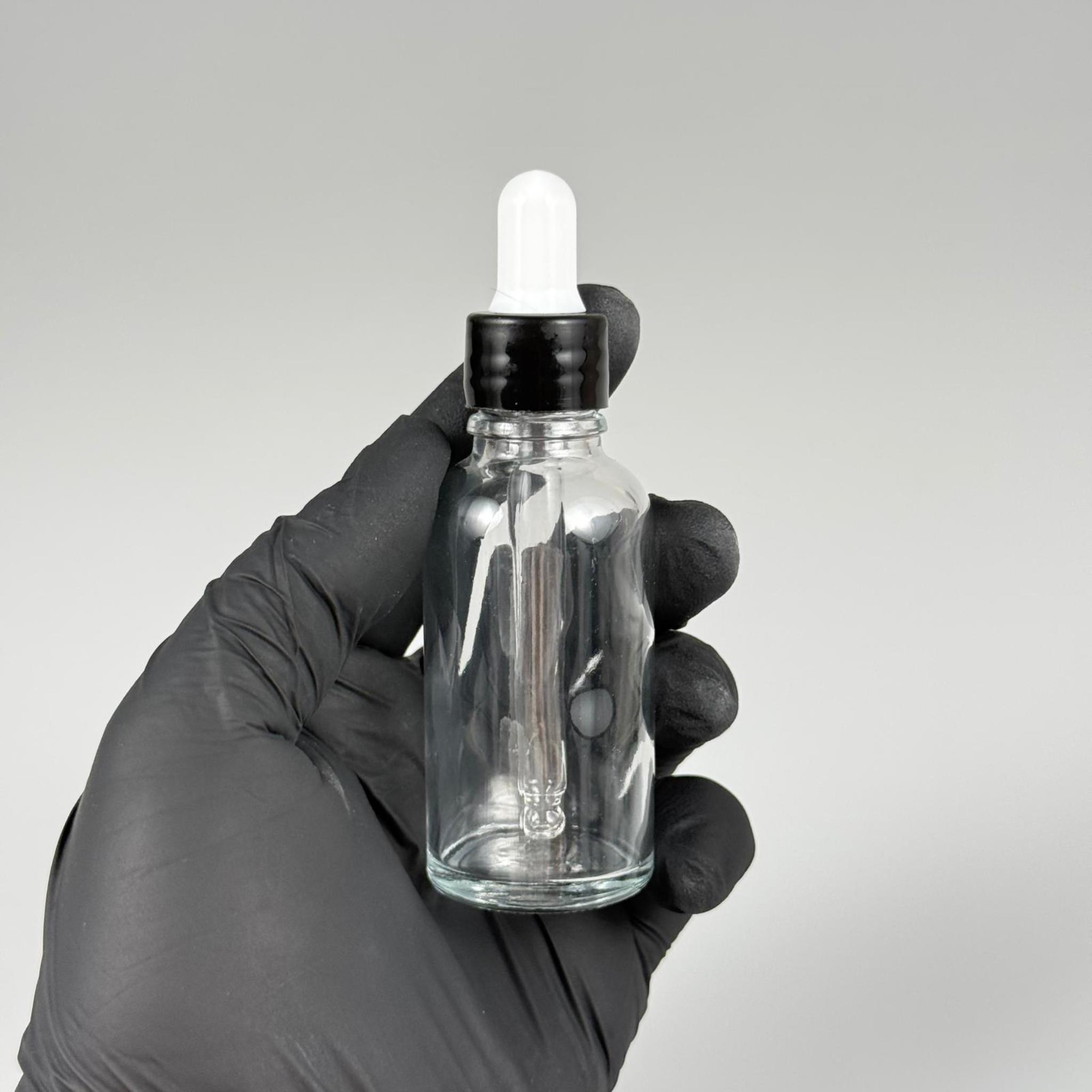 30 CC ŞEFFAF CAM DAMLALIKLI ŞİŞE - BEYAZ EMZİK + SİYAH DÜZ KAPAK + CAM PİPET TAKIM - 30 ML DAMLALIKLI ŞİŞE SETİ