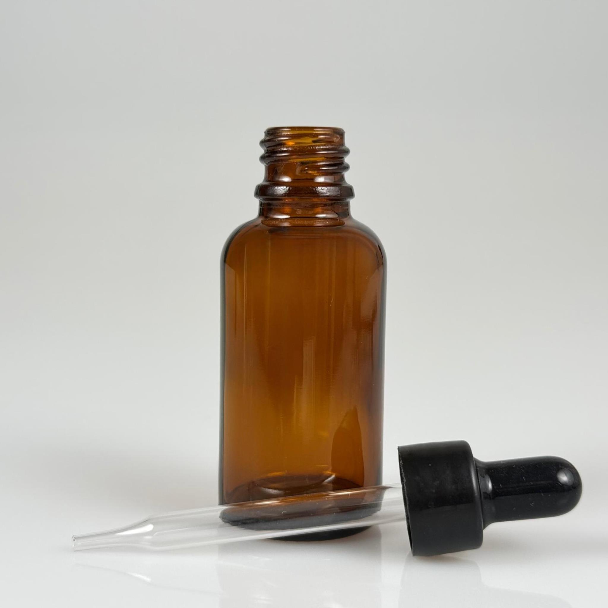 30 CC AMBER İNCE UÇLU CAM DAMLALIKLI ŞİŞE - SİYAH EMZİK + SİYAH DÜZ KAPAK + CAM PİPET TAKIM - 30 ML KAHVERENGİ DAMLALIKLI ŞİŞE SETİ