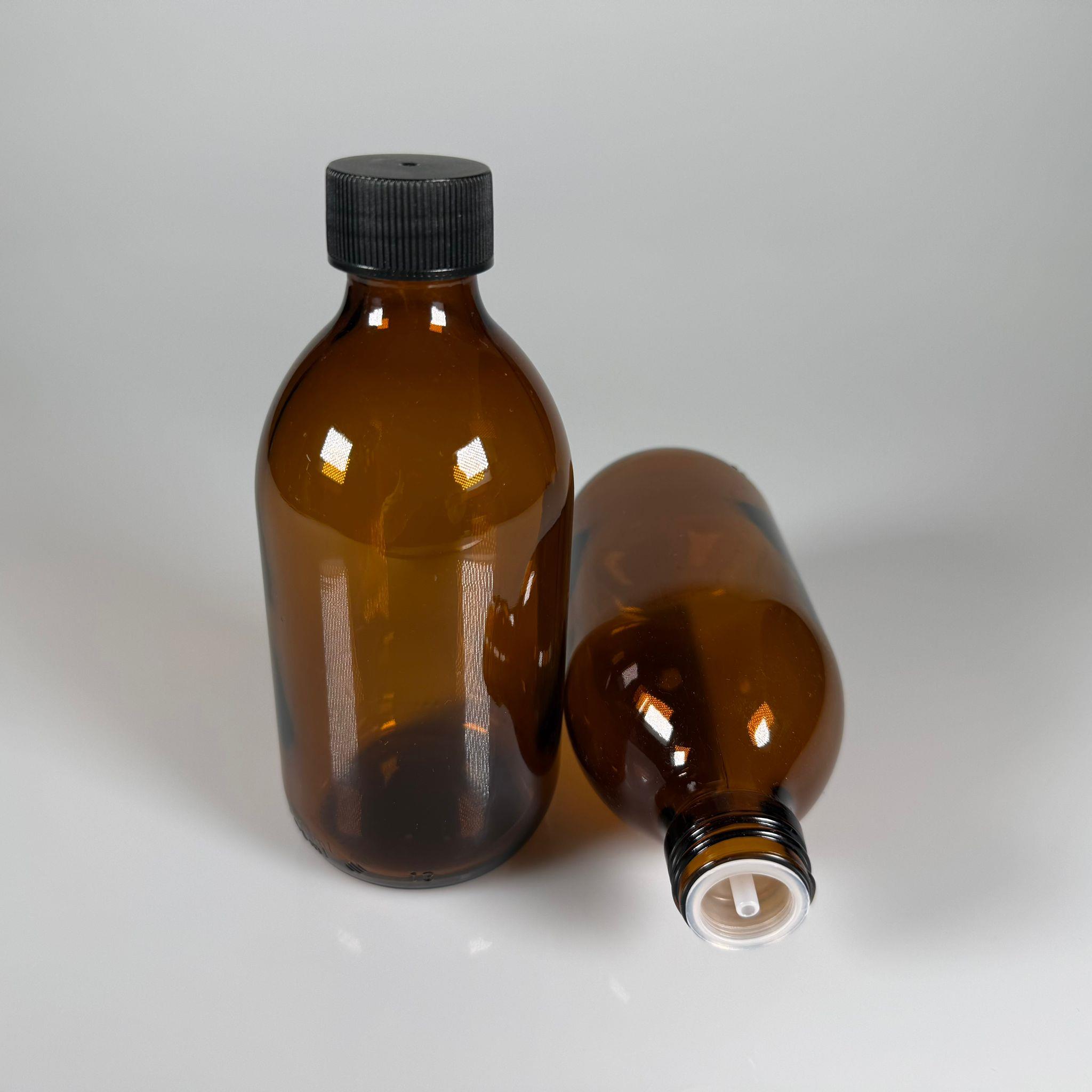 300 ML DOLUMU KOLAY, GENİŞ AĞIZLI İÇTEN DAMLALIKLI ŞİŞE (28 MM AĞIZ)  - 300 CC SİYAH CONTALI KAPAKLI İÇTEN DAMLALIKLI CAM ECZA ŞİŞESİ - AMBER KAHVERENGİ