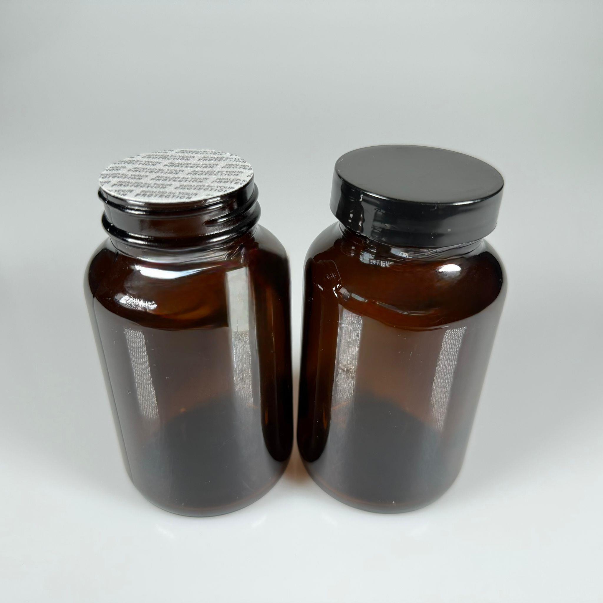 200 CC CAM KAHVERENGİ AMBER TABLET KAPSÜL ŞİŞESİ + 45 MM VİDALI SİYAH PLASTİK KAPAK + KENDİNDEN YAPIŞKANLI KÖPÜK CONTA